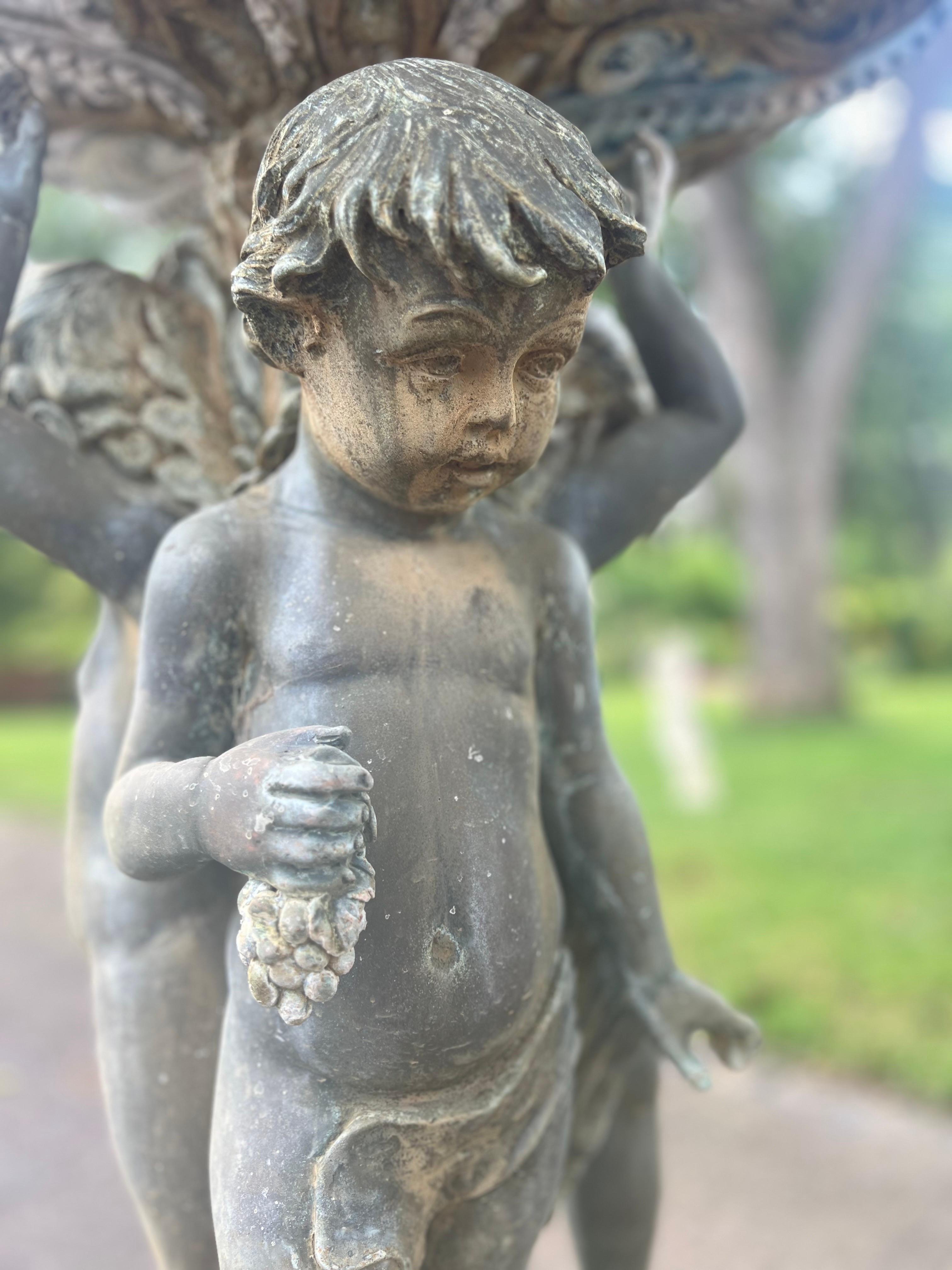 Classical Roman Vintage Bronze Classical Putti Cherubs Holding Fish Fountain For Sale