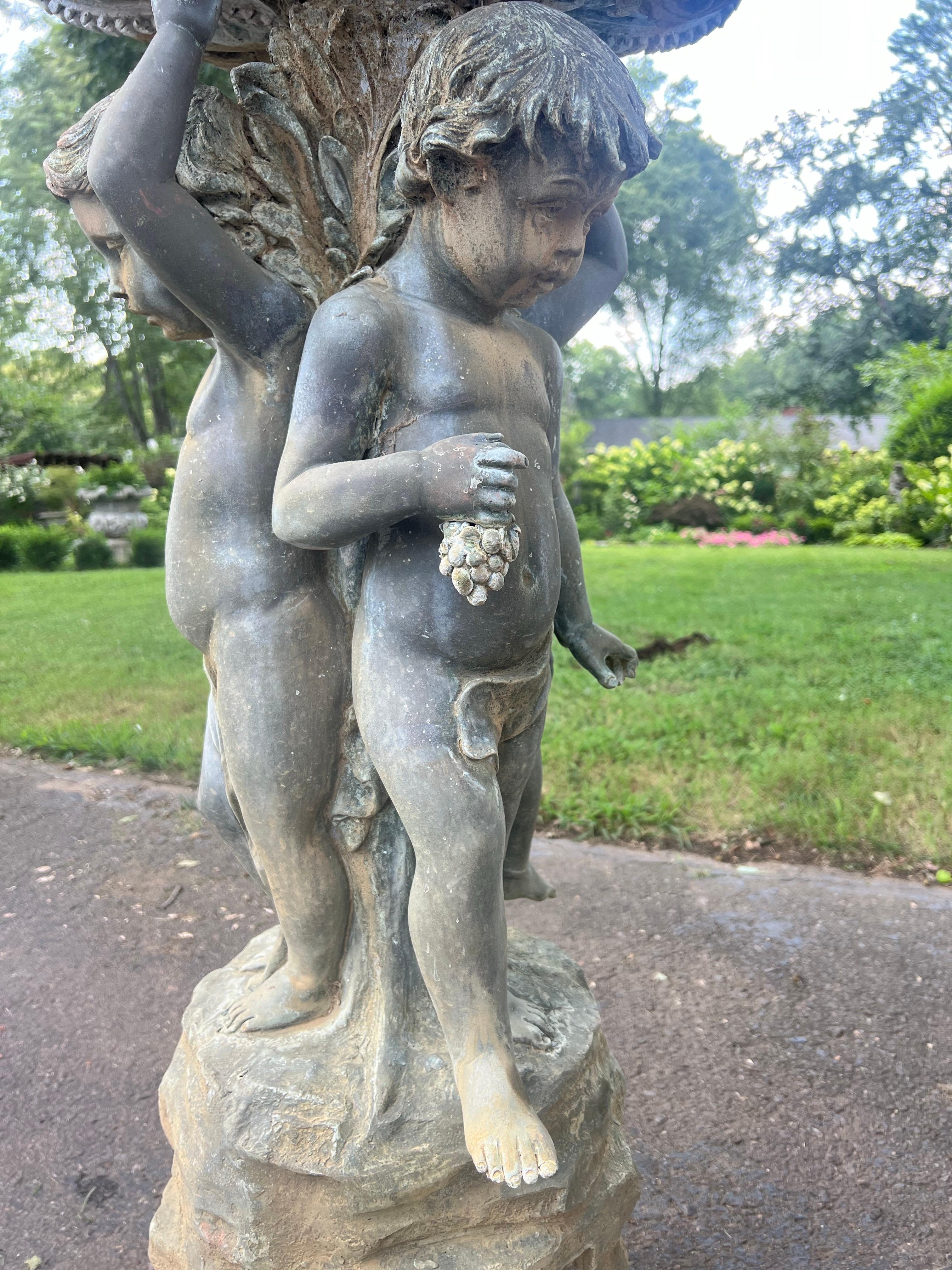Unknown Vintage Bronze Classical Putti Cherubs Holding Fish Fountain For Sale