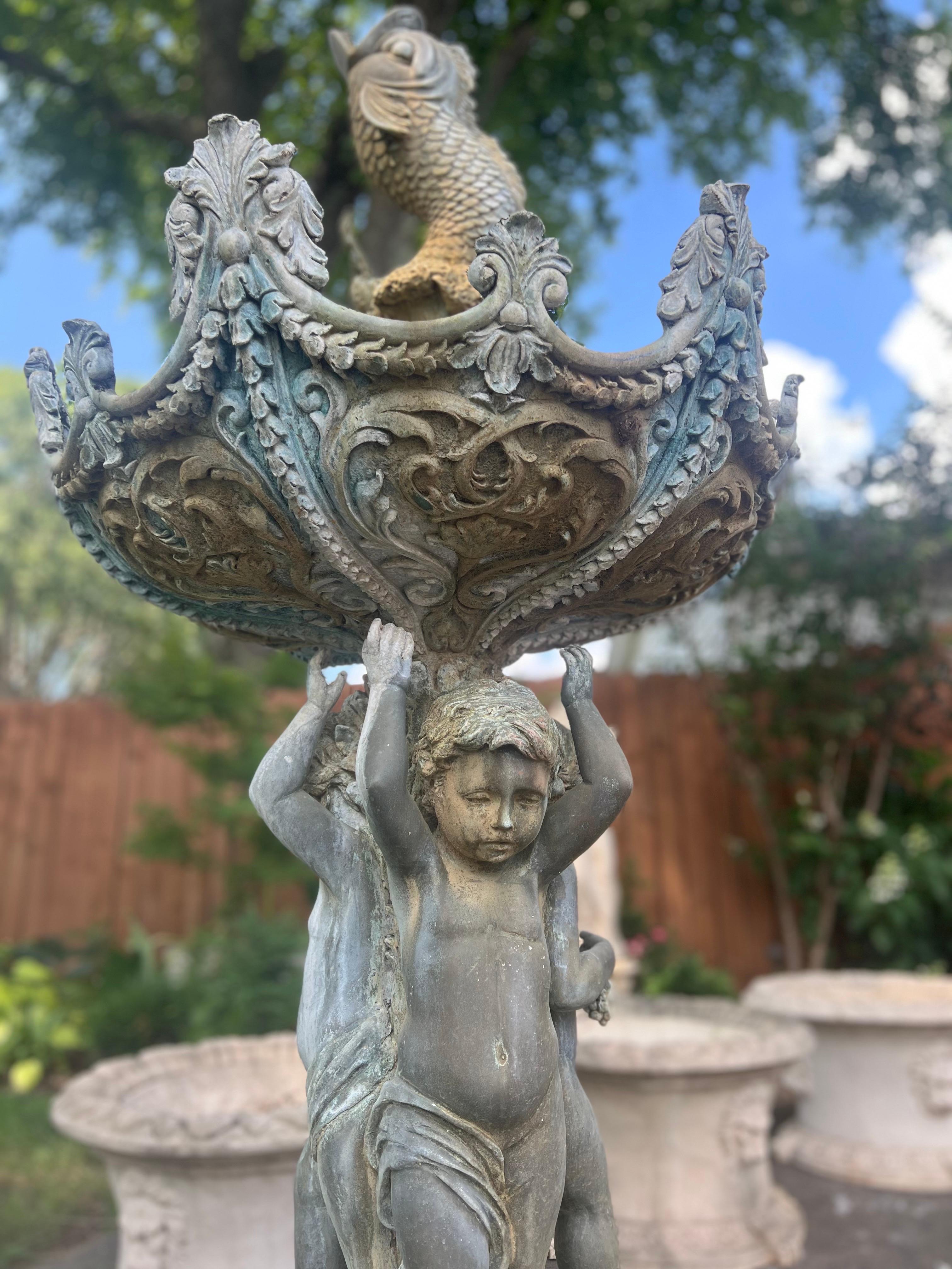 Vintage Bronze Classical Putti Cherubs Holding Fish Fountain In Good Condition For Sale In Los Angeles, CA