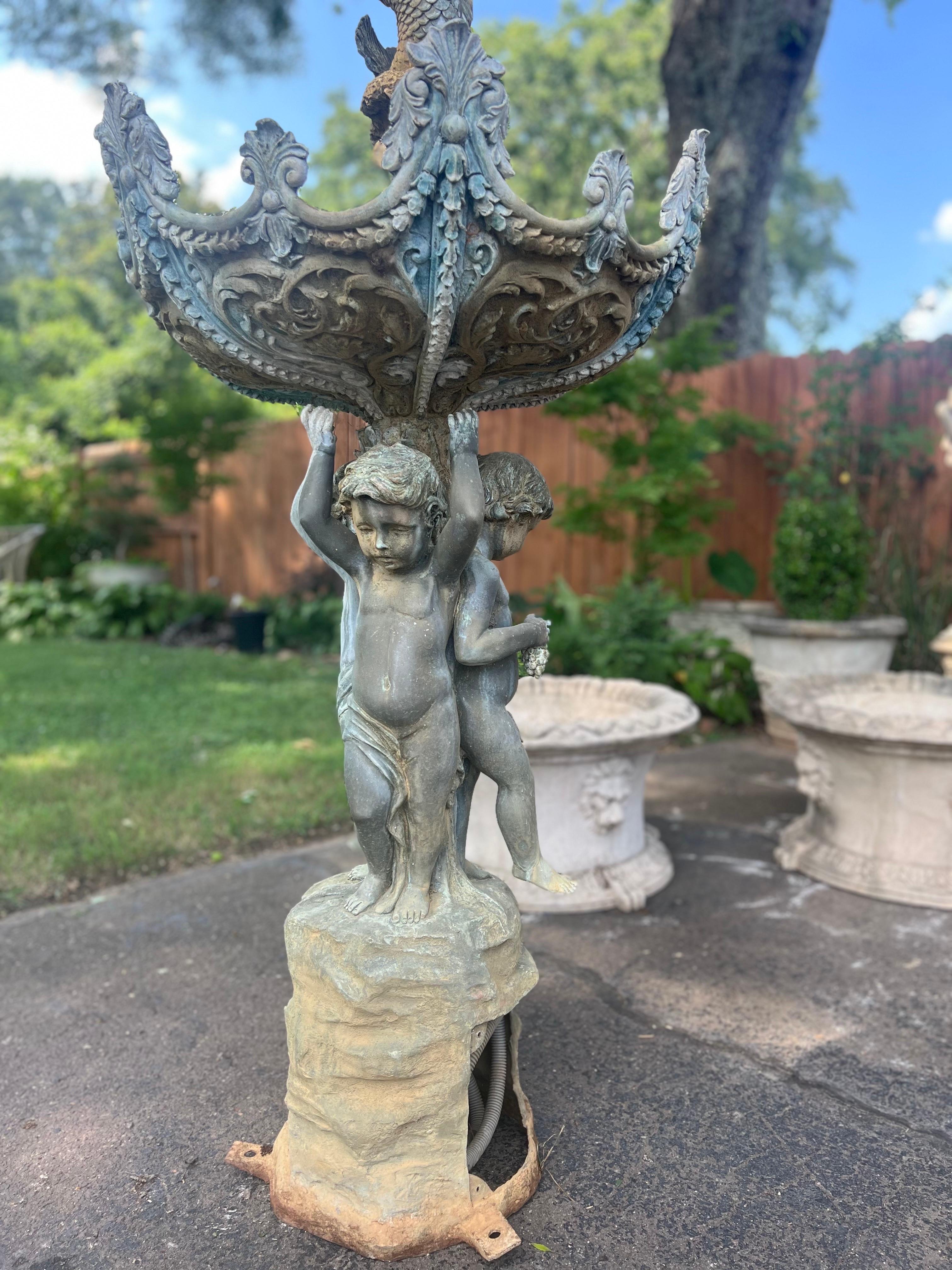 20th Century Vintage Bronze Classical Putti Cherubs Holding Fish Fountain For Sale