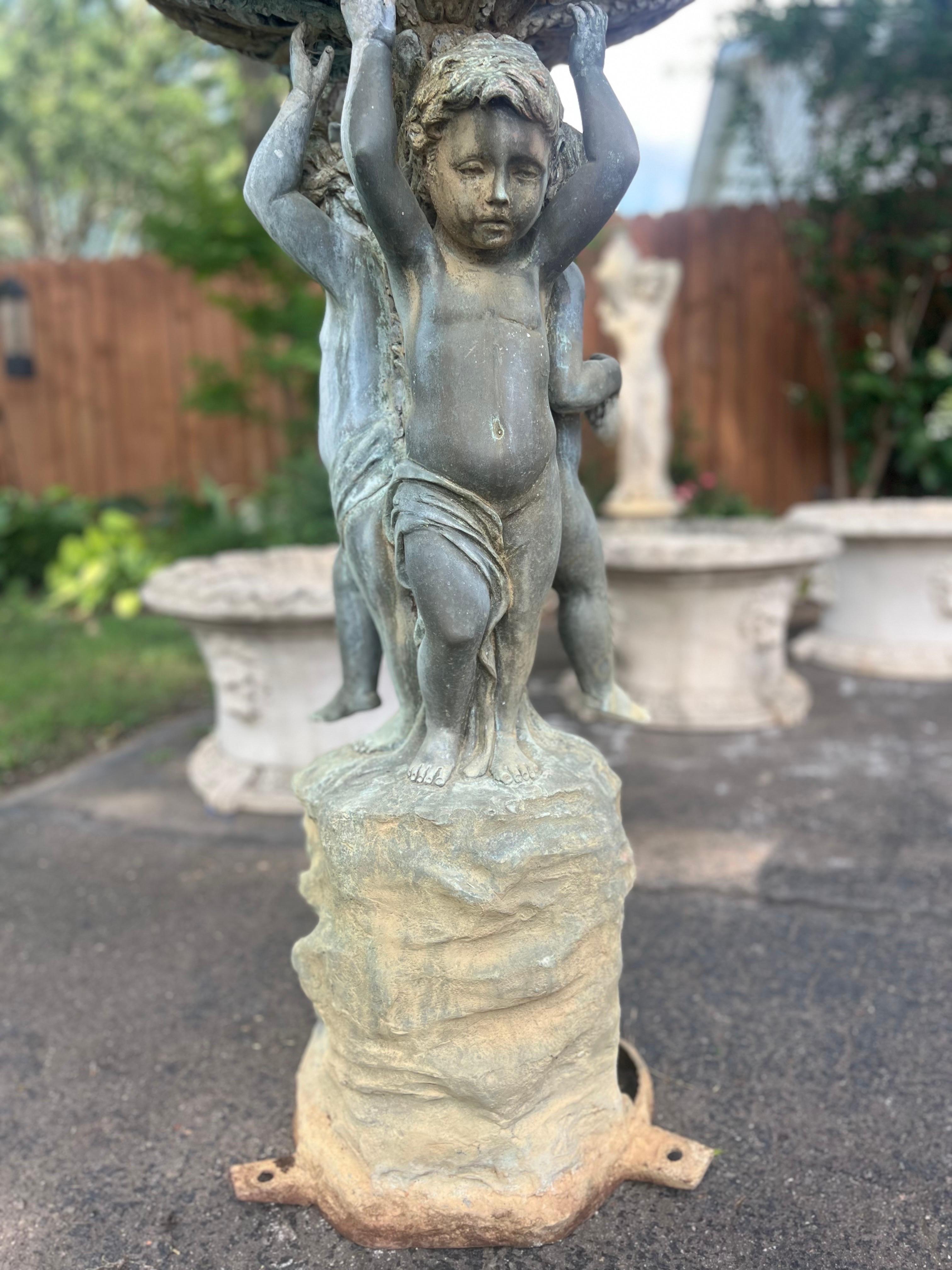 Vintage Bronze Classical Putti Cherubs Holding Fish Fountain For Sale 1