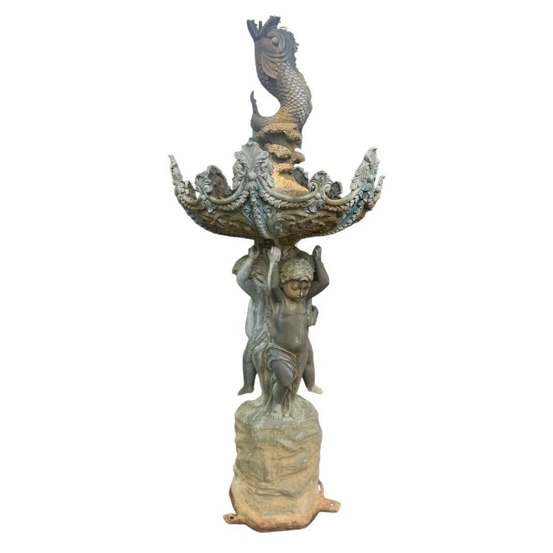 Vintage Bronze Classical Putti Cherubs Holding Fish Fountain For Sale