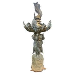 Vintage Bronze Classical Putti Cherubs Holding Fish Fountain