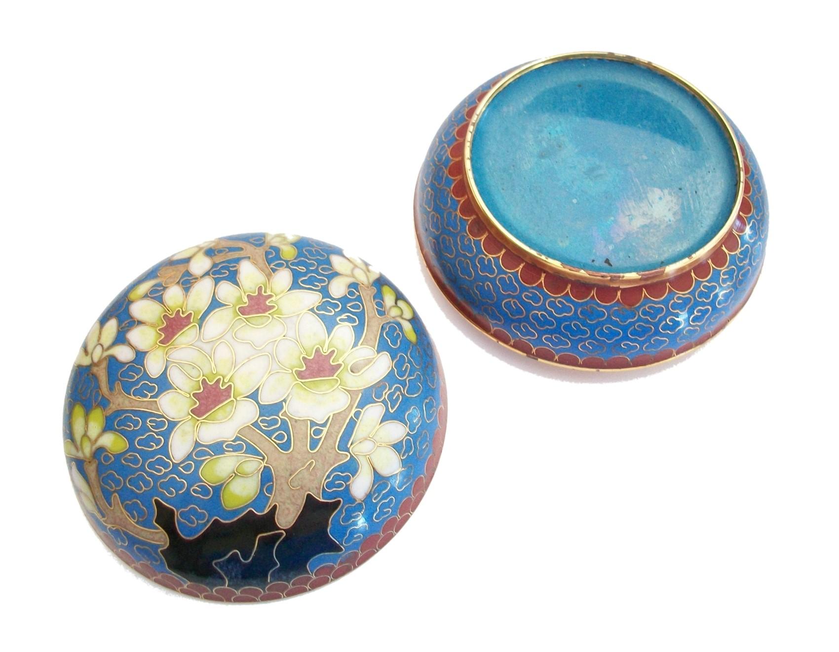 Chinese Export Vintage Bronze Cloisonne Powder Box with Prunus - Unsigned - China - Mid-20th C For Sale