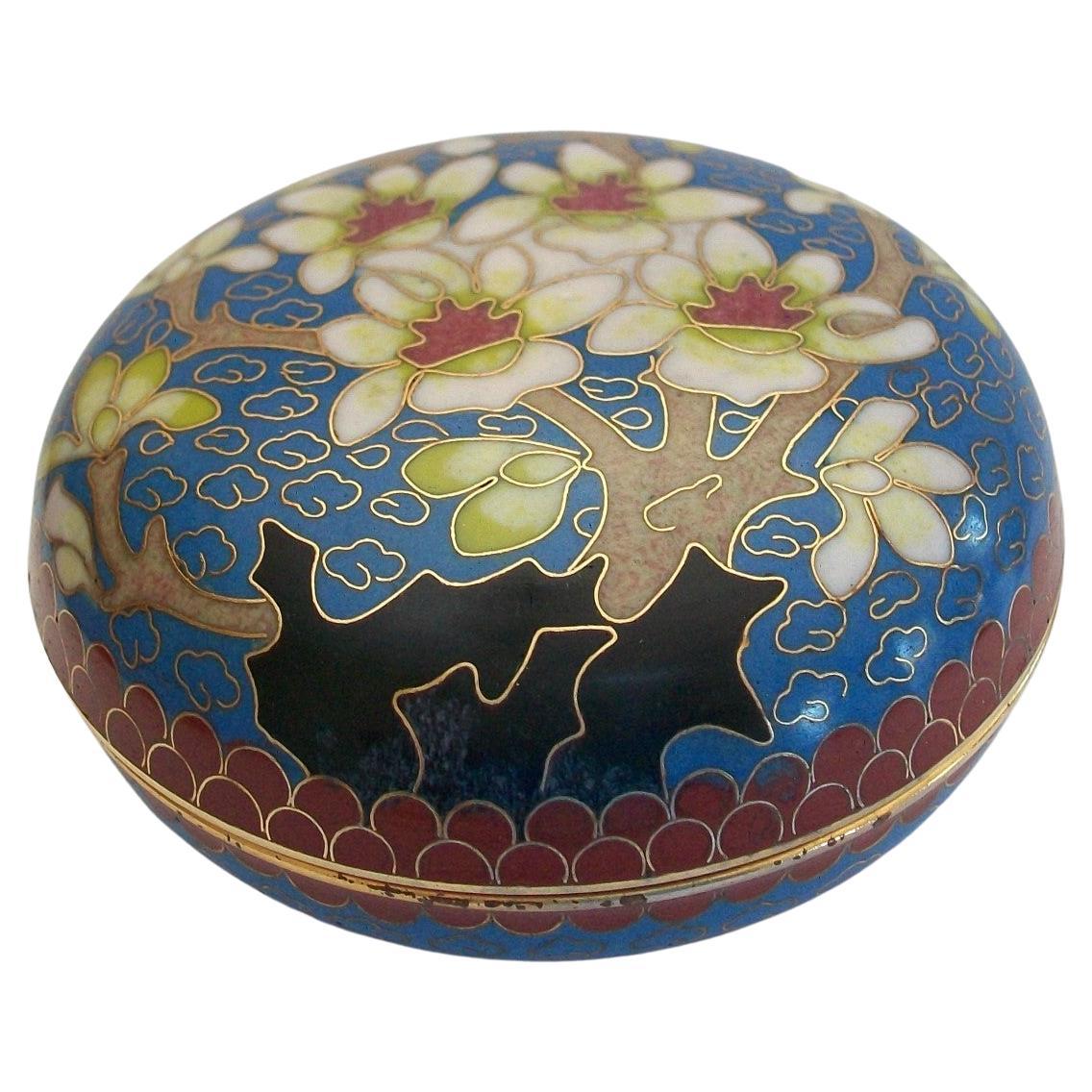 Vintage Bronze Cloisonne Powder Box with Prunus - Unsigned - China - Mid-20th C For Sale