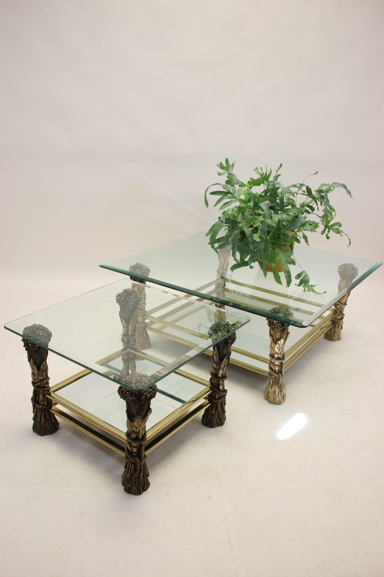 Hollywood Regency Vintage Bronze Coffee and Side Table Set with Grain Motif For Sale