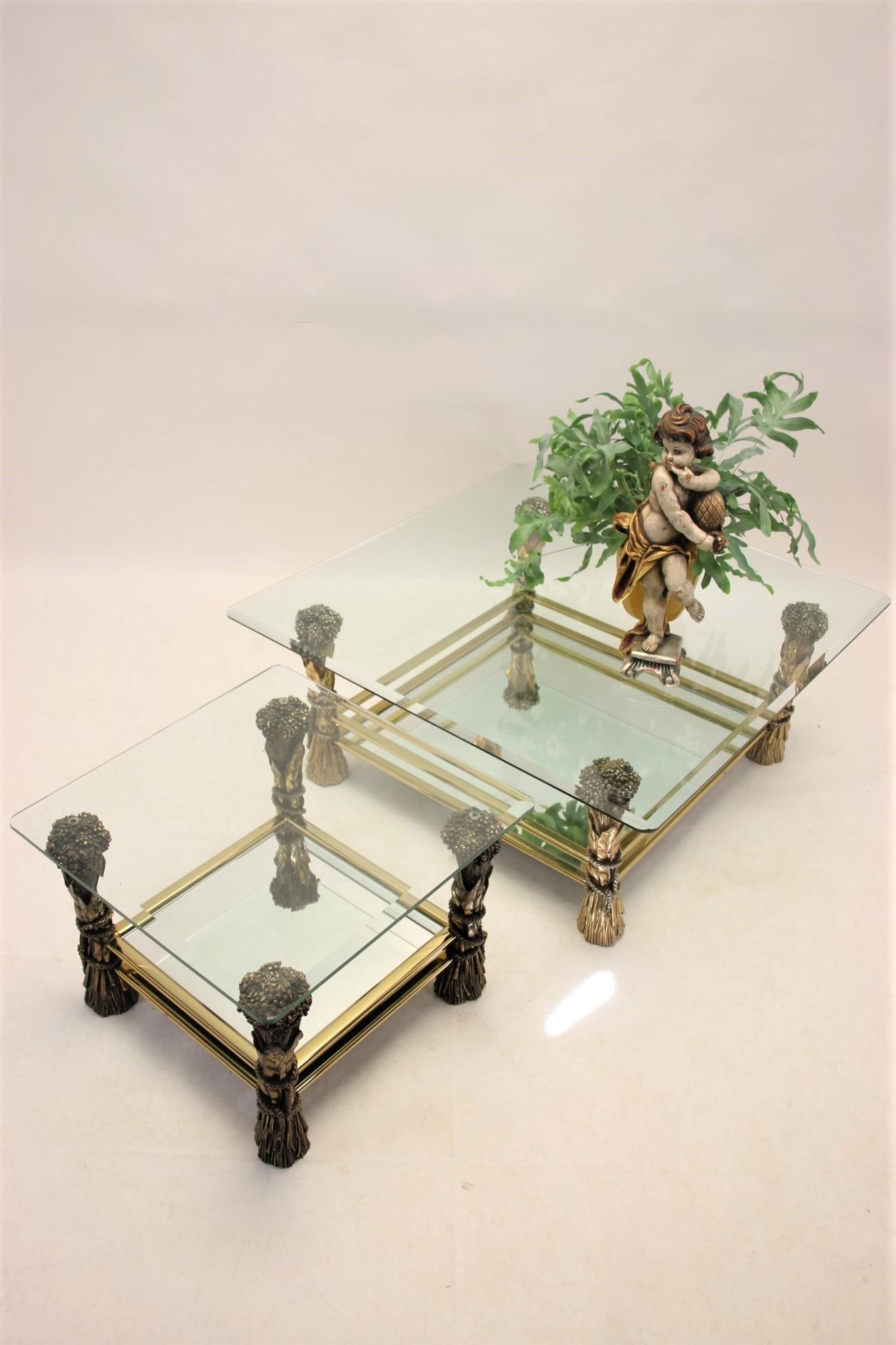 French Vintage Bronze Coffee and Side Table Set with Grain Motif For Sale