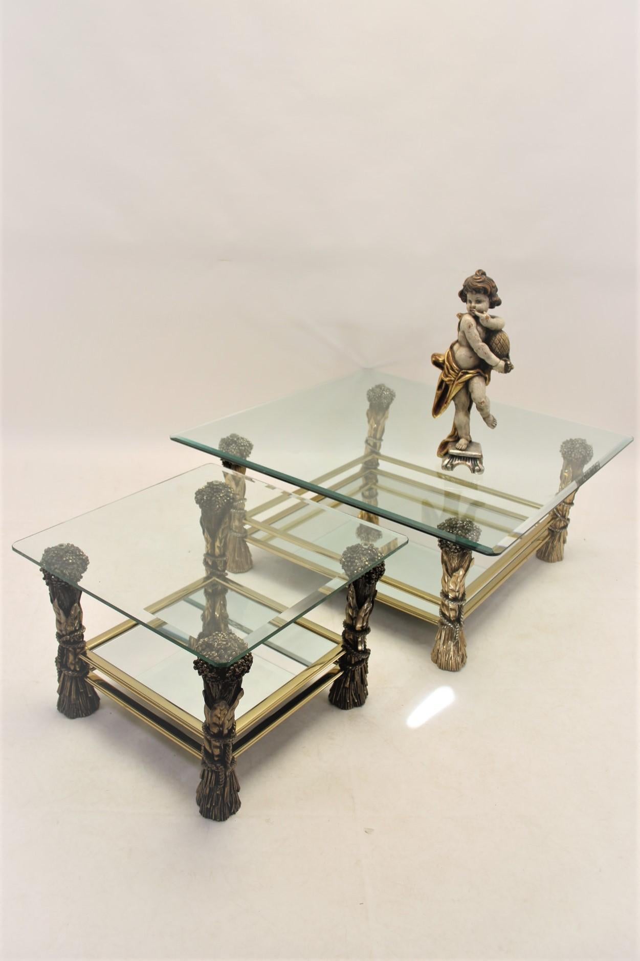 Brass Vintage Bronze Coffee and Side Table Set with Grain Motif For Sale