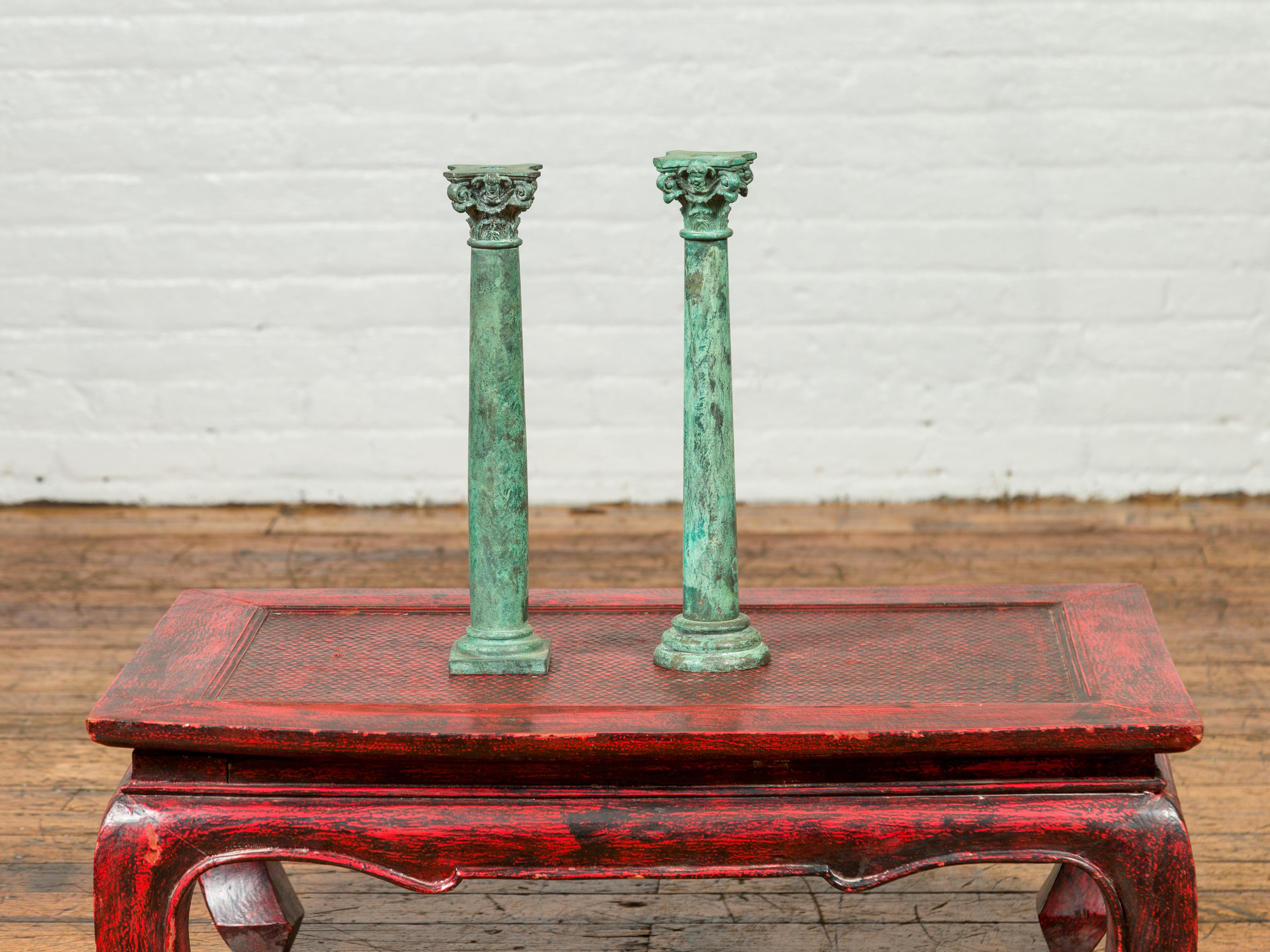 Vintage Bronze Corinthian Column Candlestick with Verdigris Patina and Cherubs 5