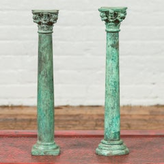 Vintage Bronze Corinthian Column Candlestick with Verdigris Patina and Cherubs