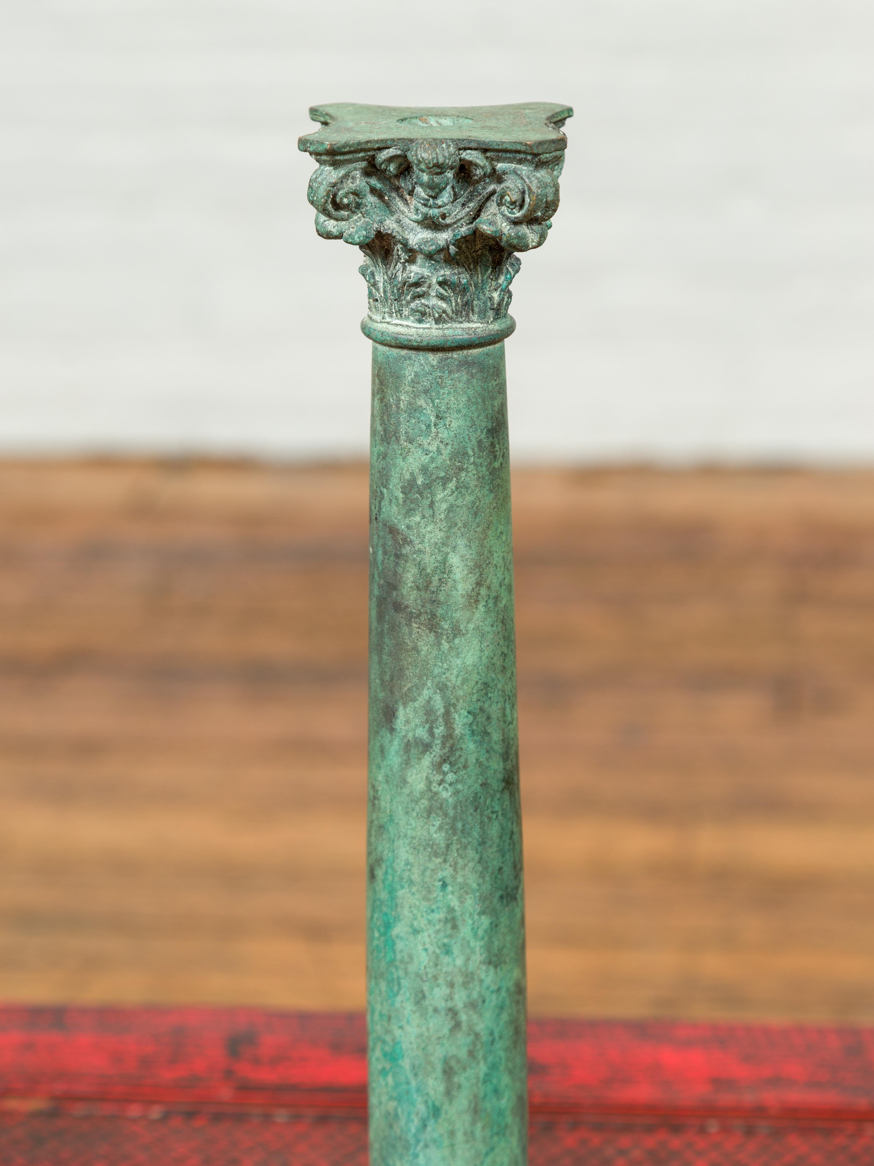 Vintage Bronze Corinthian Column Candlestick with Verdigris Patina and Cherubs In Good Condition In Yonkers, NY