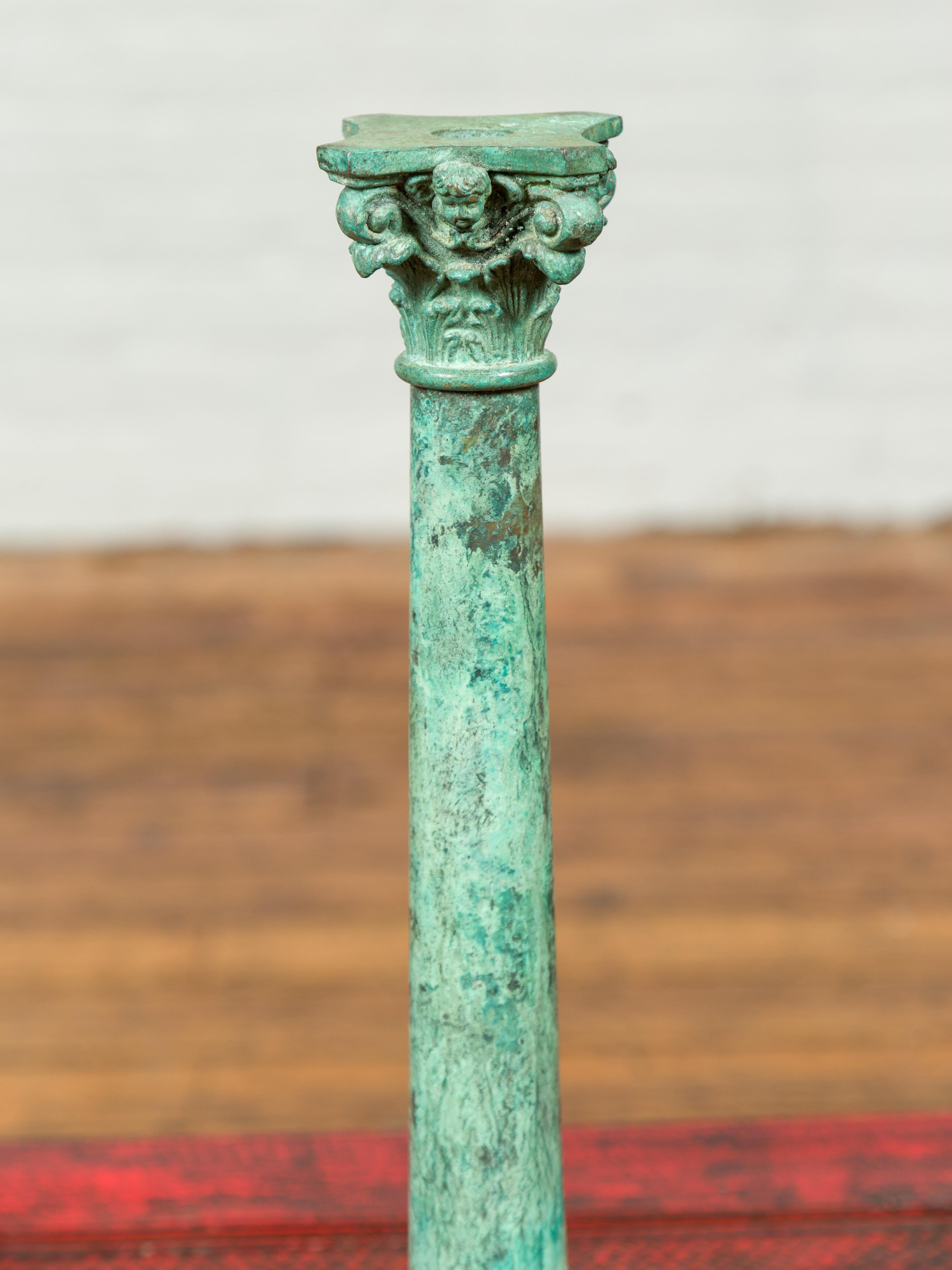 20th Century Vintage Bronze Corinthian Column Candlestick with Verdigris Patina and Cherubs