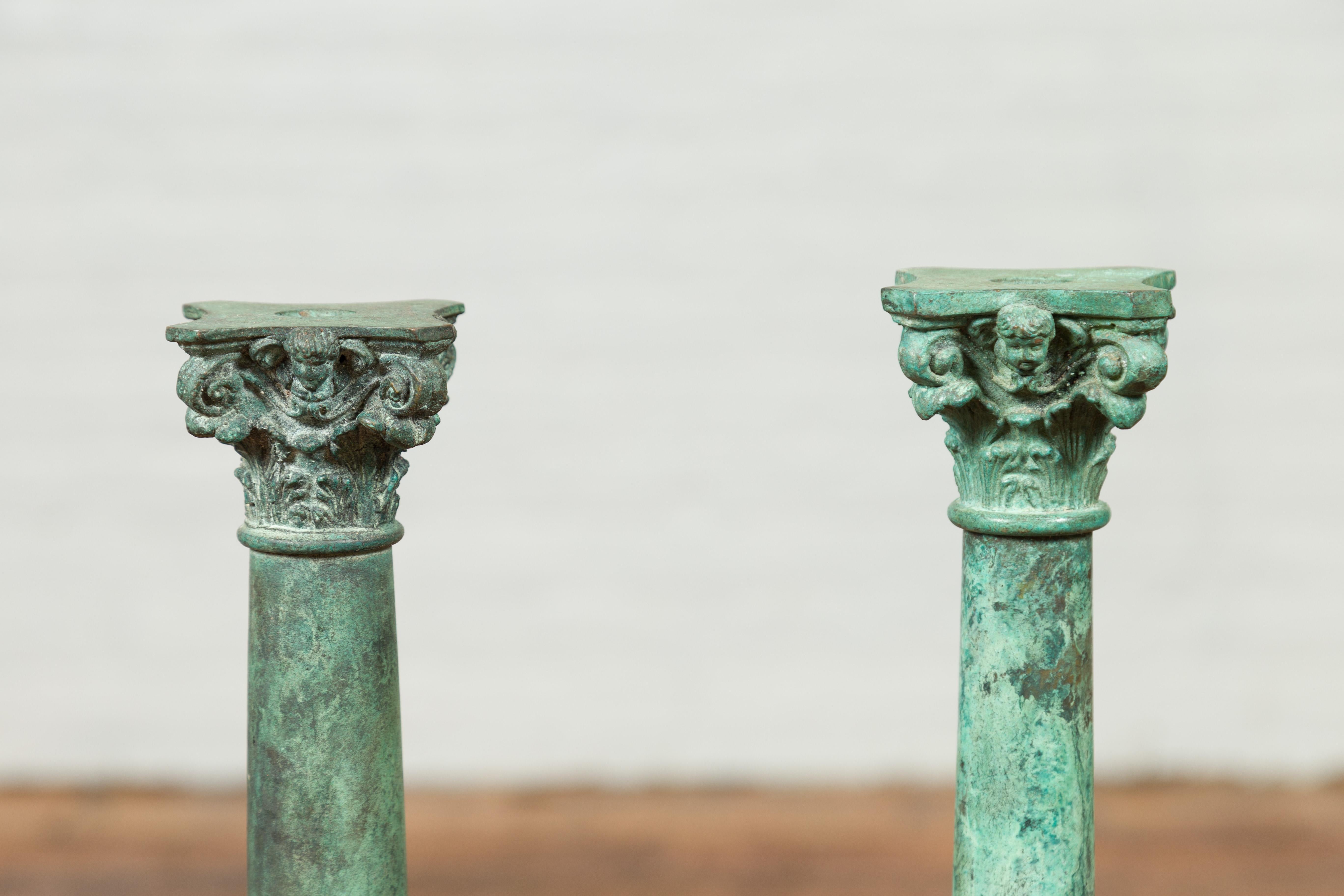 Vintage Bronze Corinthian Column Candlestick with Verdigris Patina and Cherubs 2
