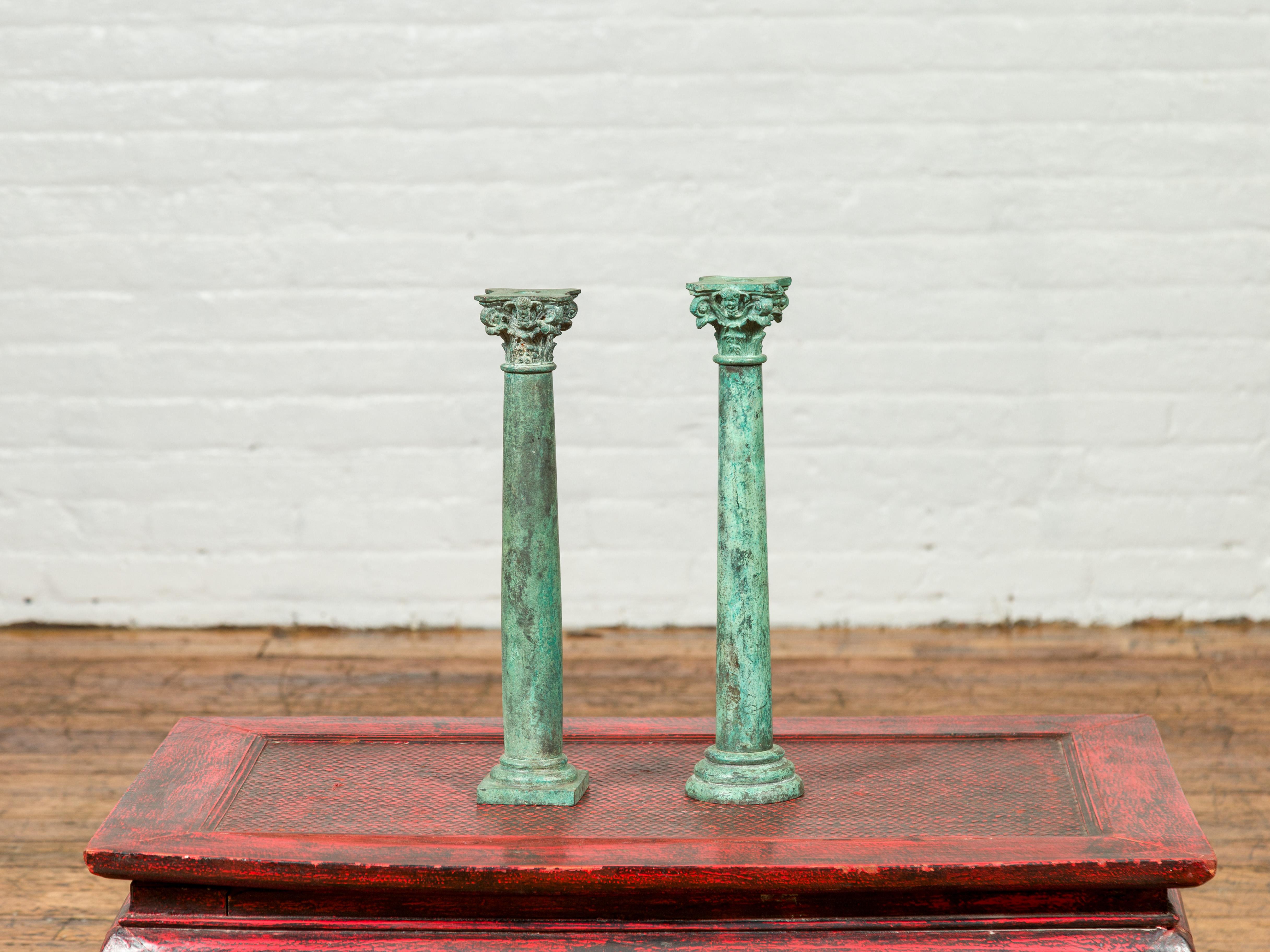 Vintage Bronze Corinthian Column Candlestick with Verdigris Patina and Cherubs 3