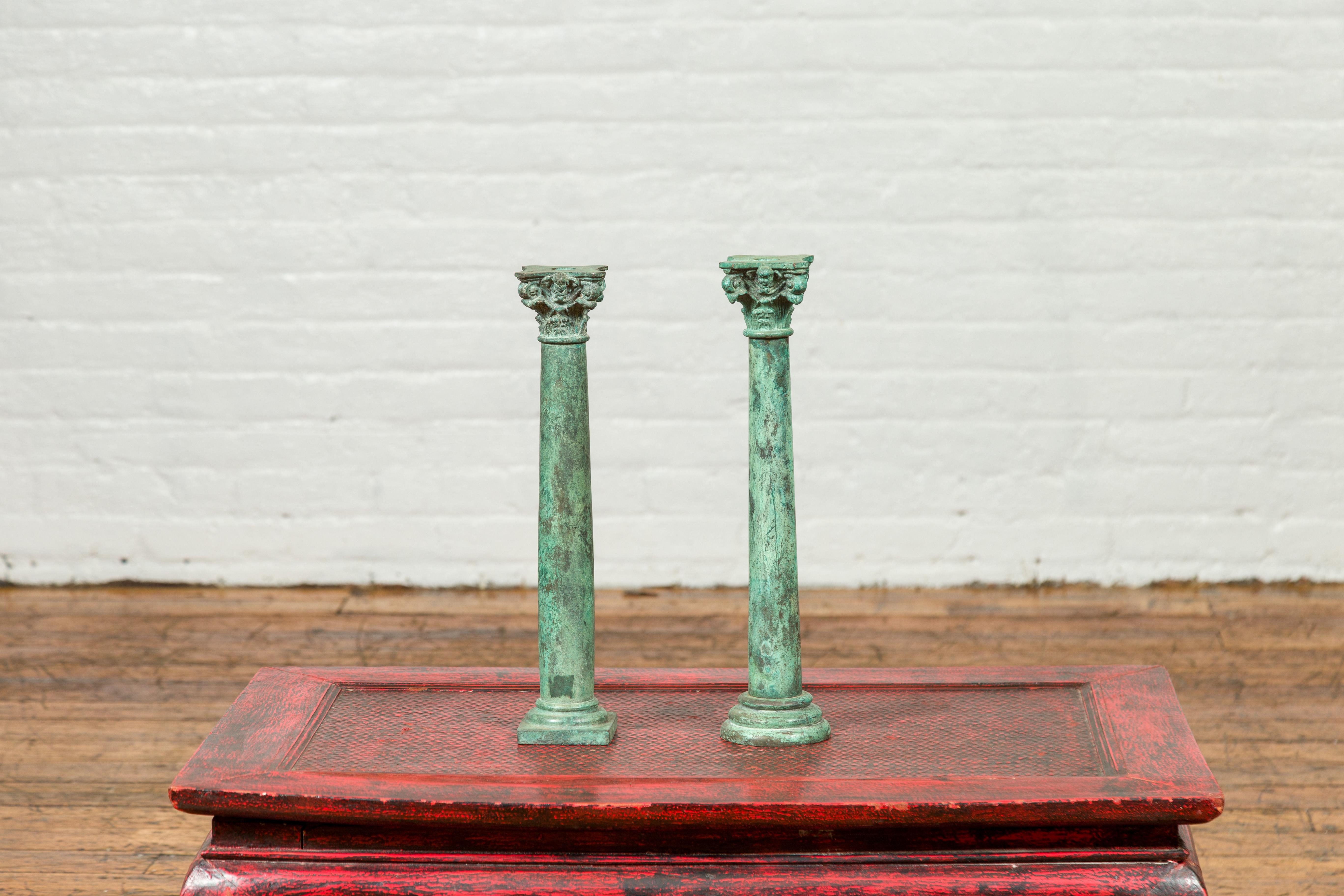 Vintage Bronze Corinthian Column Candlestick with Verdigris Patina and Cherubs 4