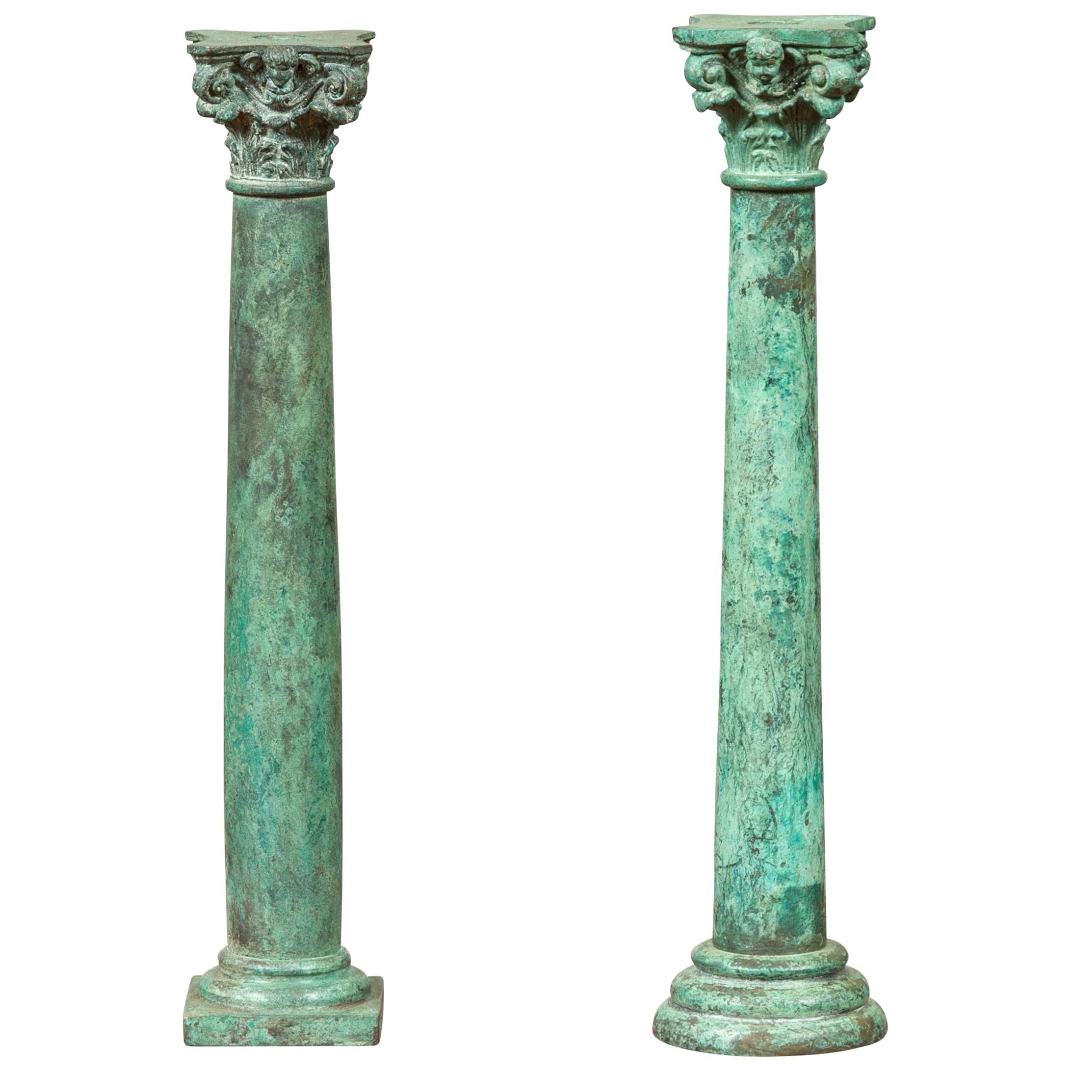Vintage Bronze Corinthian Column Candlestick with Verdigris Patina and Cherubs