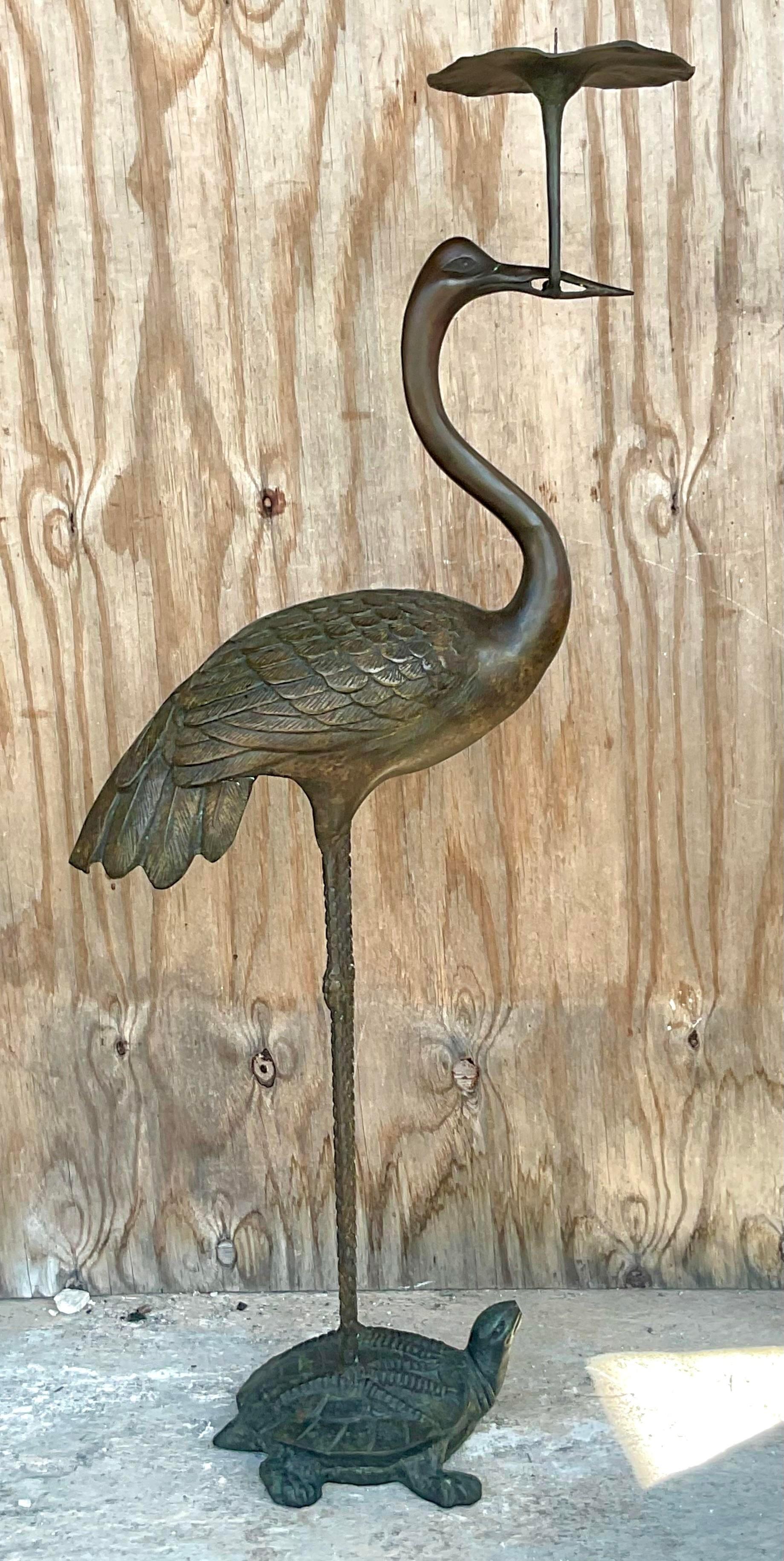Vintage Bronze Crane und Schildkröte Boden-Kerze-Halter (Philippinisch) im Angebot