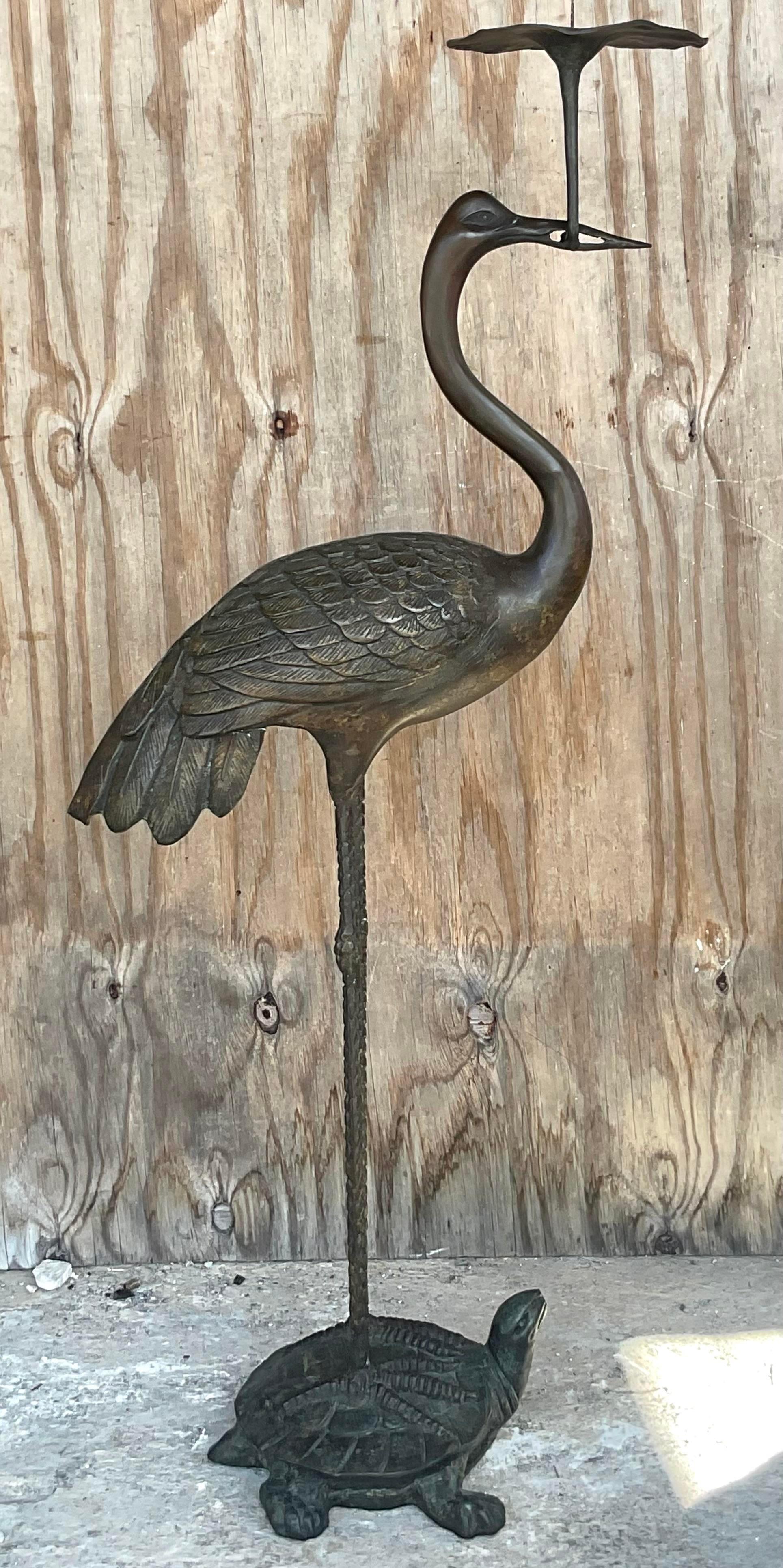 Vintage Bronze Crane and Turtle Floor Candle Holder In Good Condition For Sale In west palm beach, FL