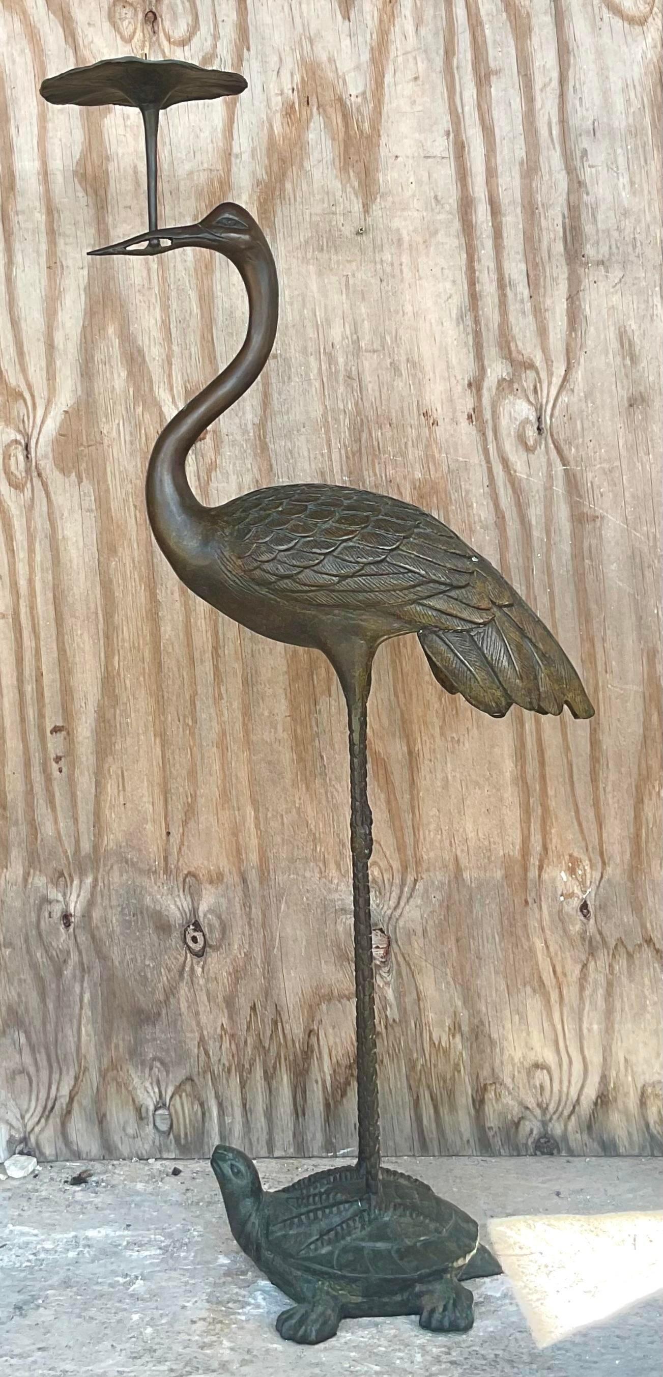 Vintage Bronze Crane and Turtle Floor Candle Holder For Sale 1