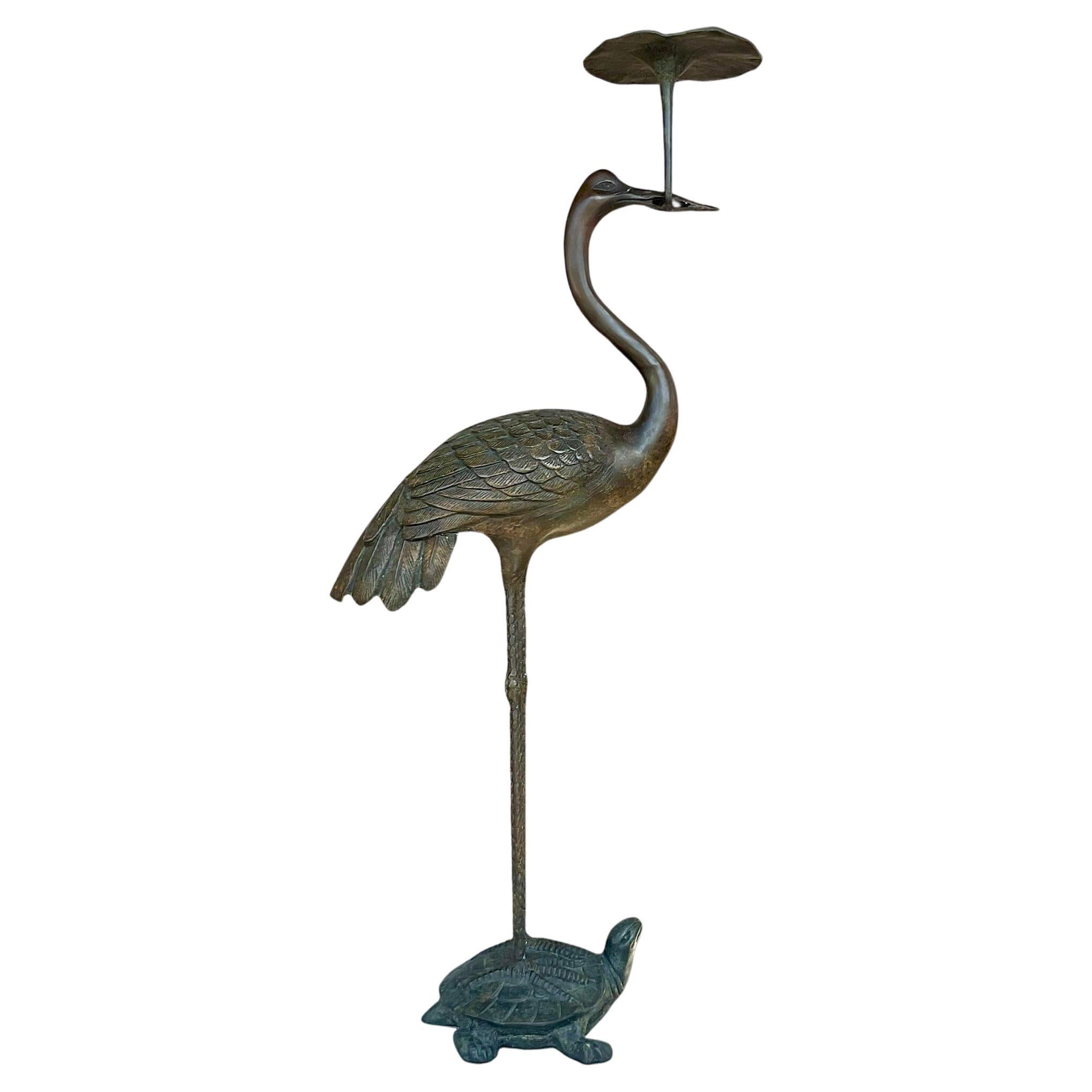 Vintage Bronze Crane and Turtle Floor Candle Holder For Sale