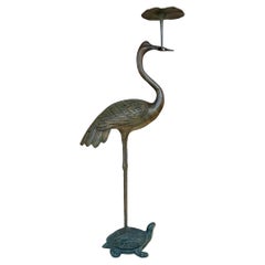 Vintage Bronze Crane and Turtle Floor Candle Holder