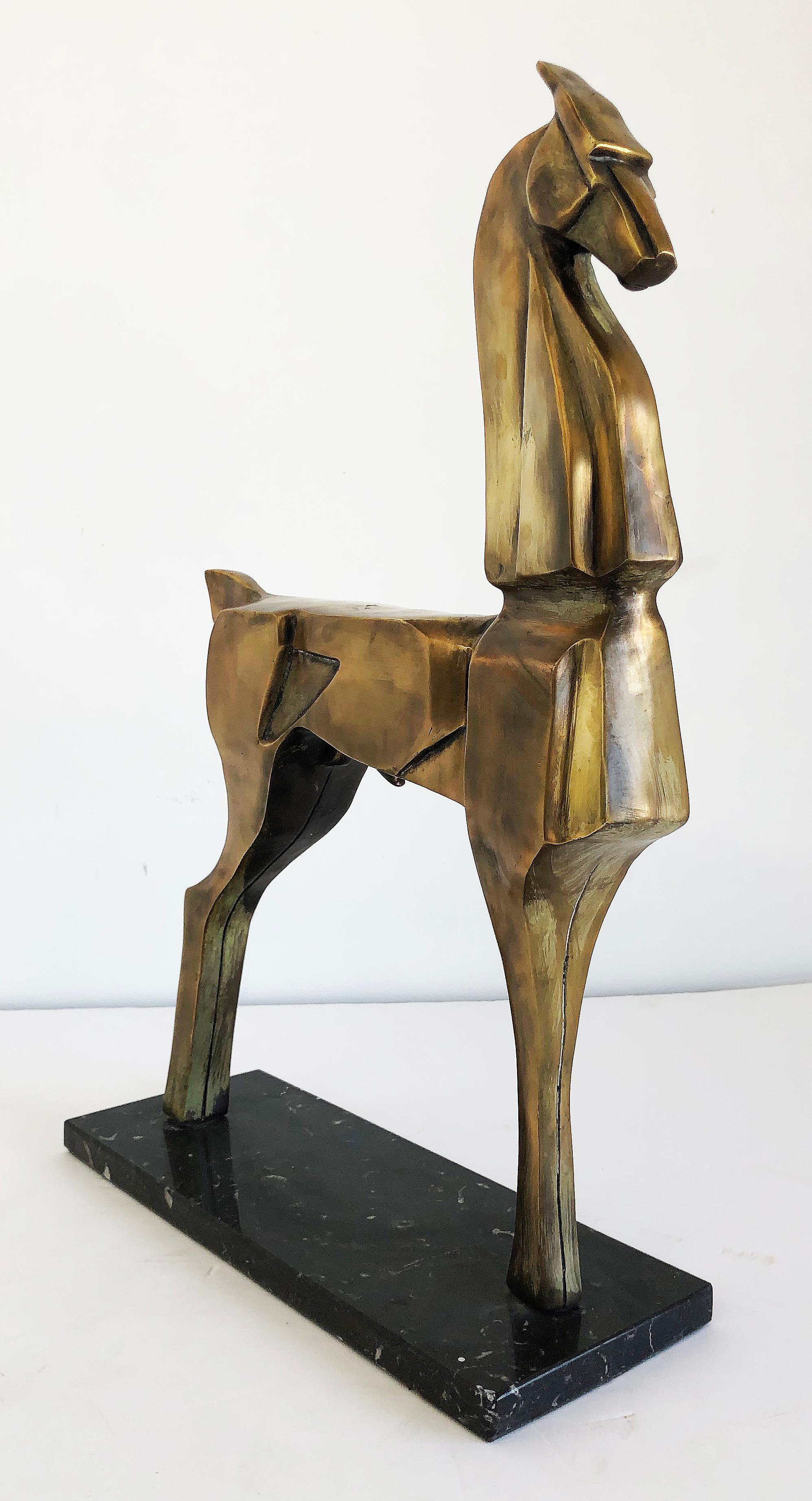 Large bronze Art Deco style abstract horse sculpture

Offered for sale is a very large vintage Art Deco-influenced bronze horse sculpture on a black marble base. The stylized design has Cubist lines and a nice bronze patina. This is a striking