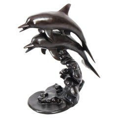 Vintage Bronze Dolphins Riding the Waves Statue Fountain, 20th Century
