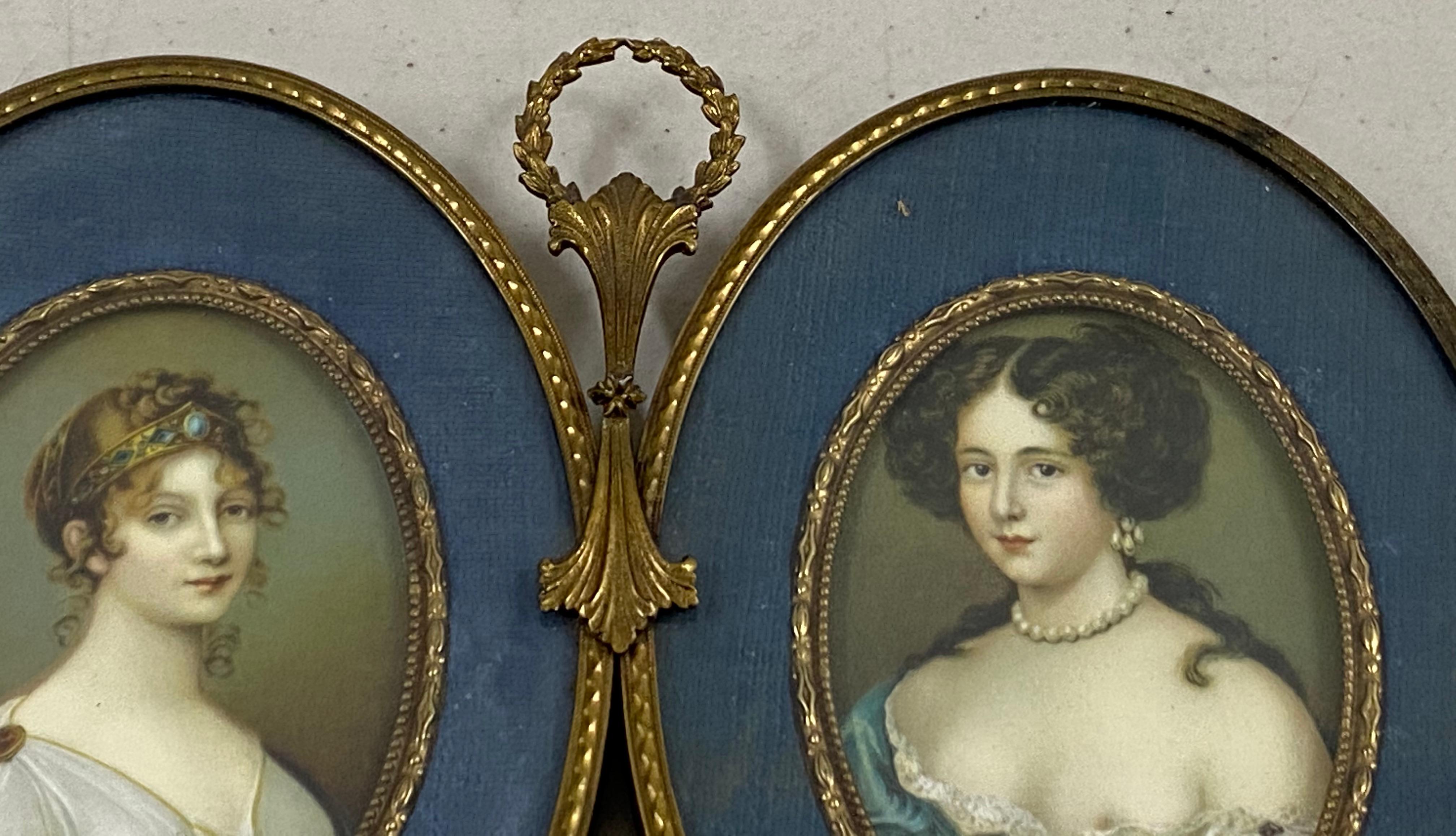 German Vintage Bronze Double Miniature Portrait Frame W/ Prints