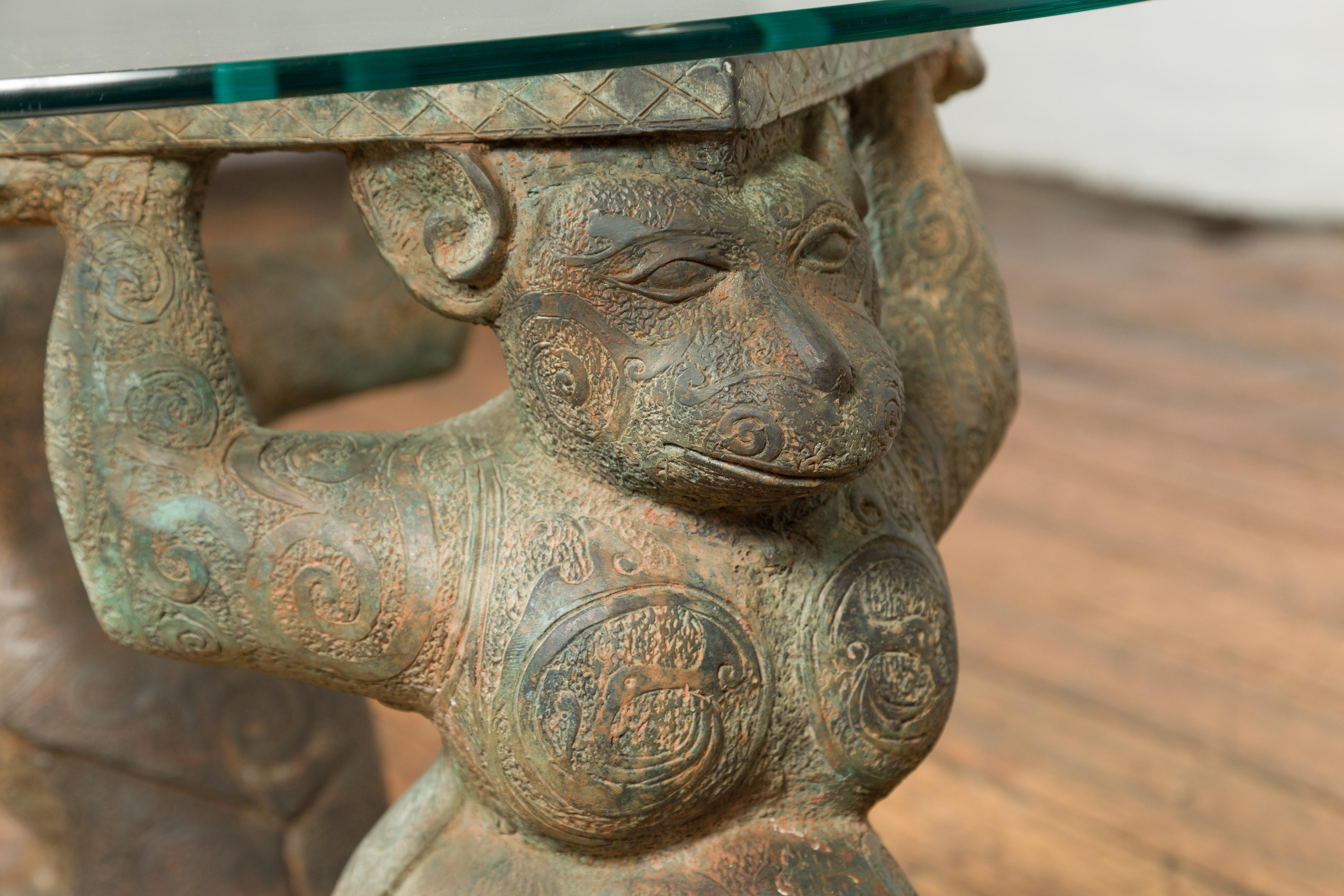 Cast Vintage Bronze Double Monkey Coffee Table Base with Verde Patina For Sale