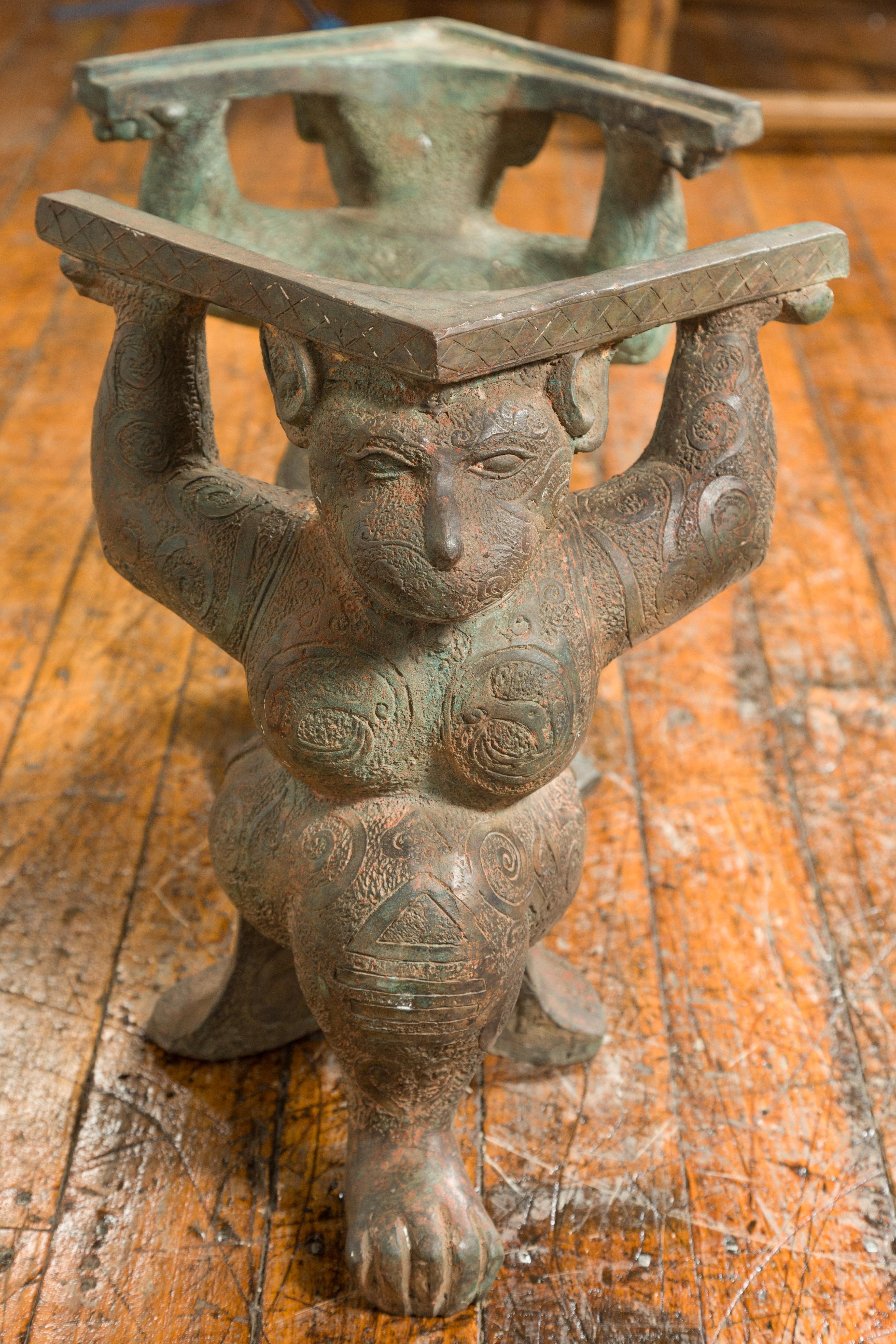 Vintage Bronze Double Monkey Coffee Table Base with Verde Patina In Good Condition For Sale In Yonkers, NY