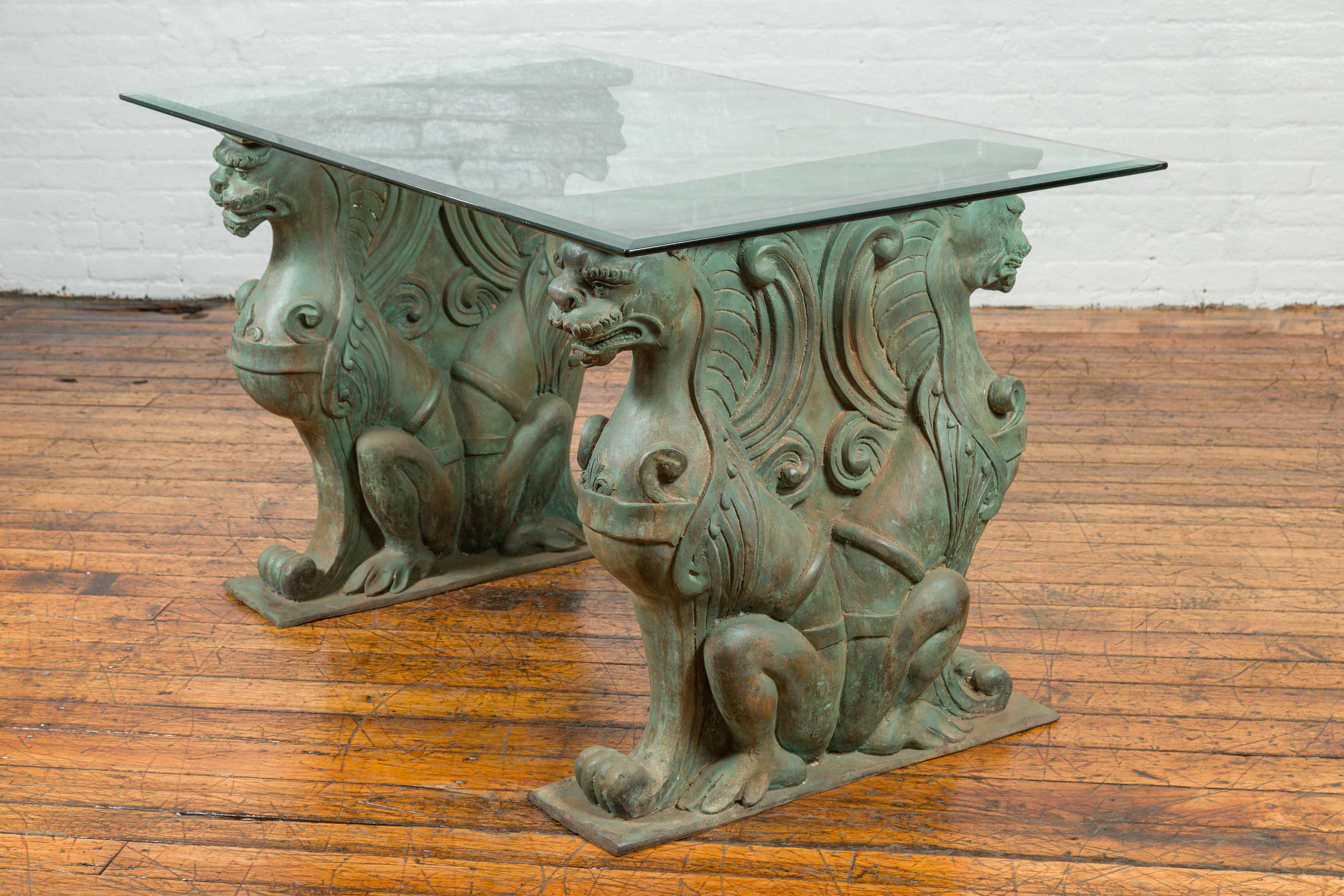 Vintage Bronze Double Mythical Figures Table Base with Verde Patina For Sale 5
