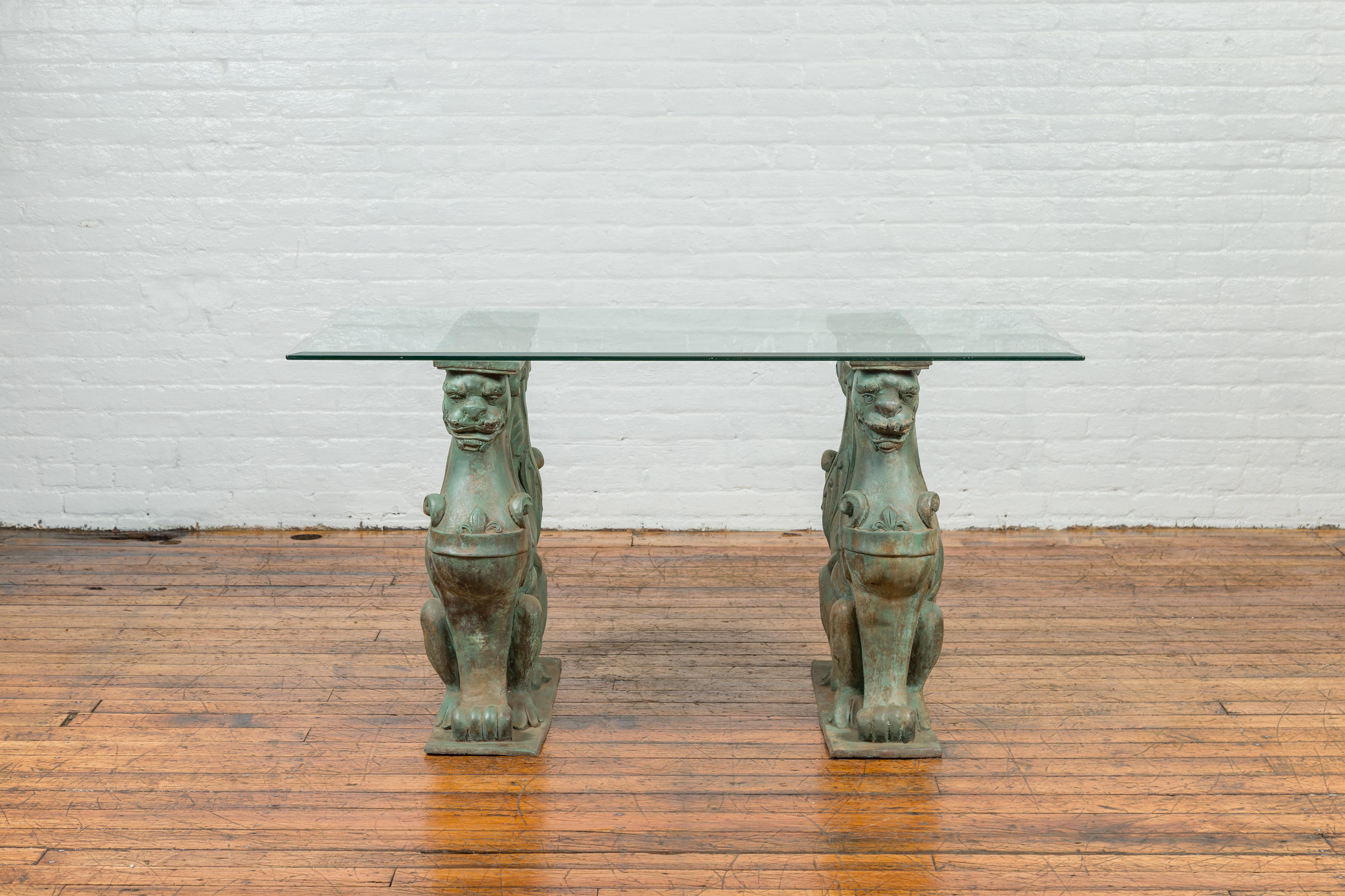 Cast Vintage Bronze Double Mythical Figures Table Base with Verde Patina For Sale