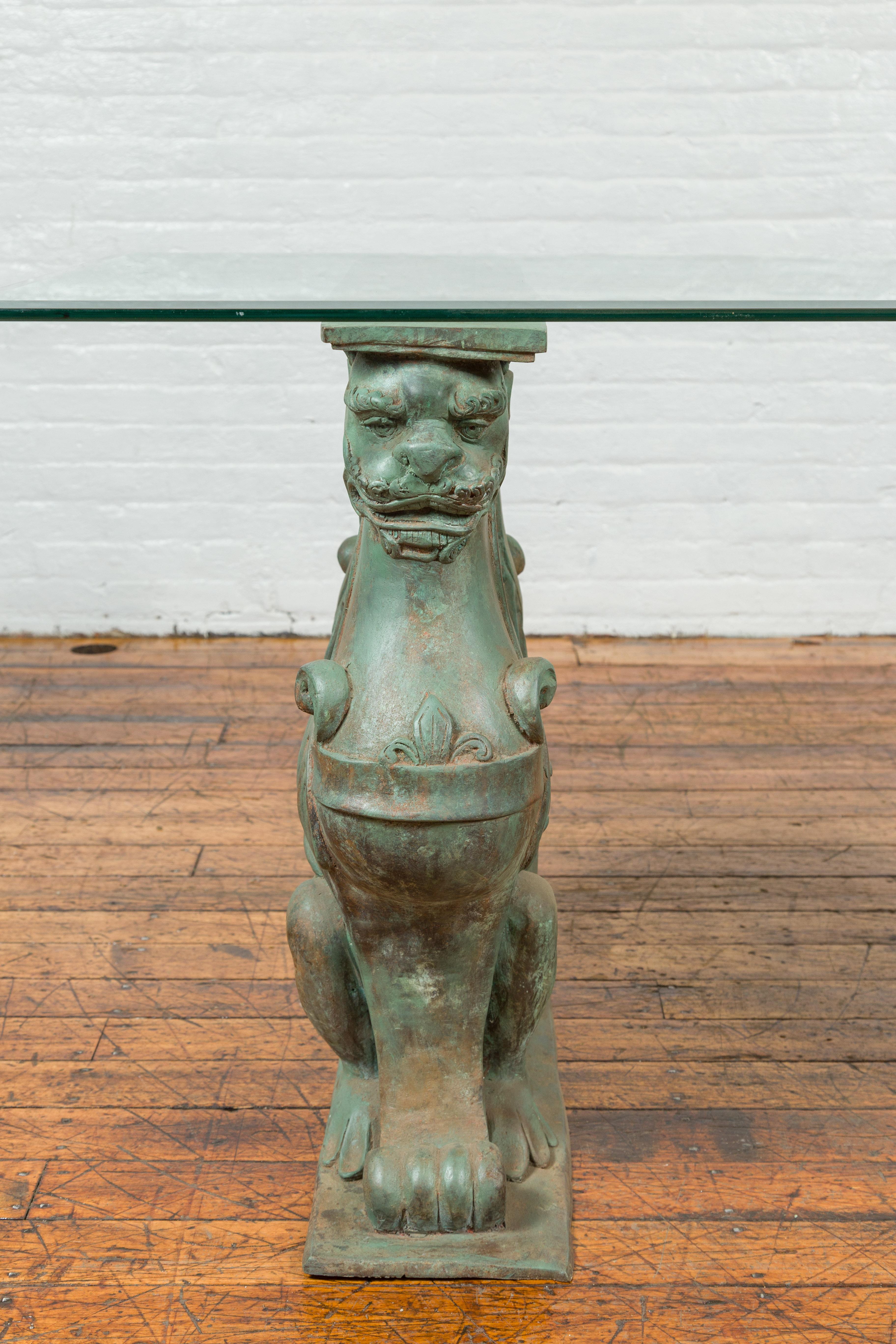 Vintage Bronze Double Mythical Figures Table Base with Verde Patina In Good Condition For Sale In Yonkers, NY