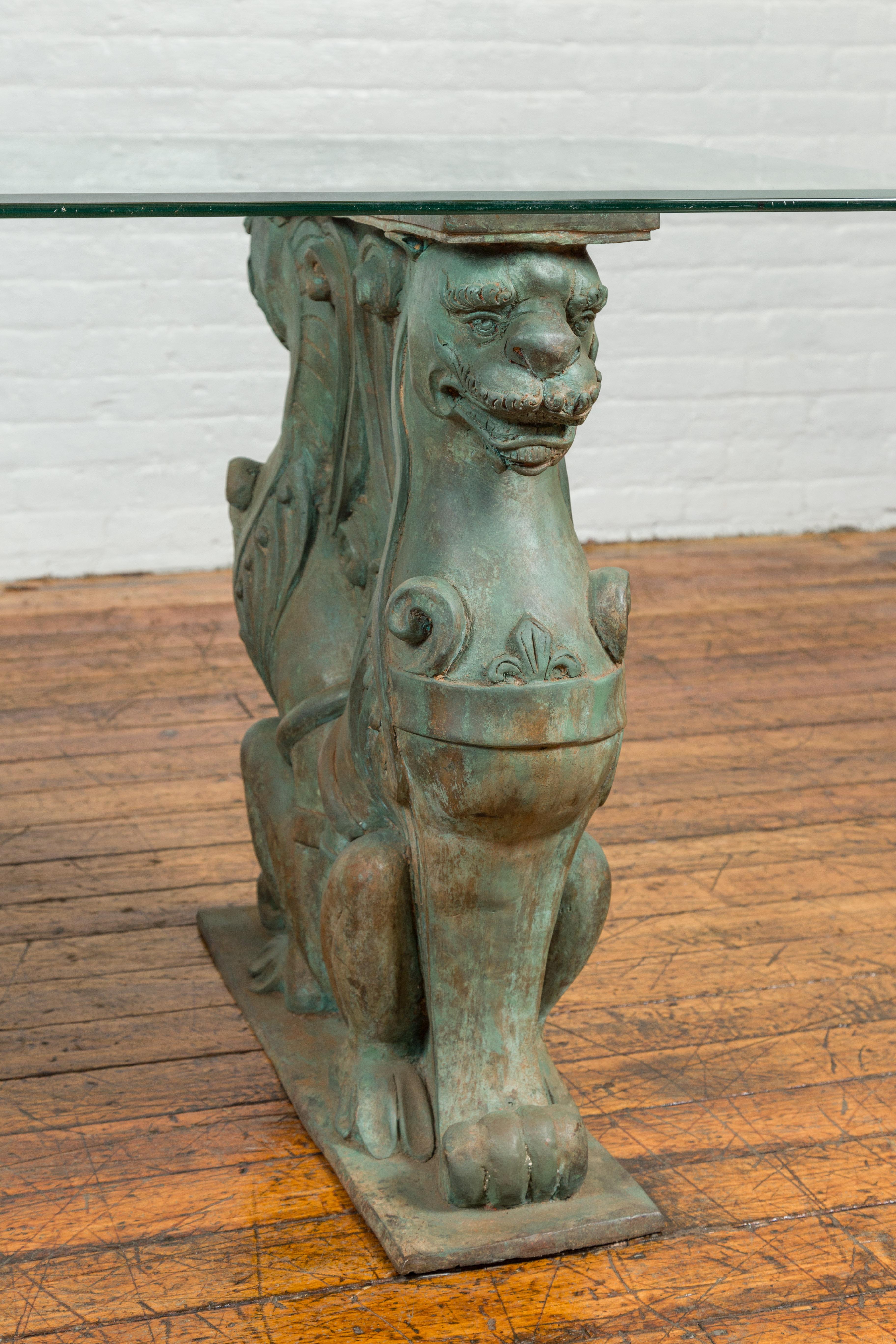 20th Century Vintage Bronze Double Mythical Figures Table Base with Verde Patina For Sale