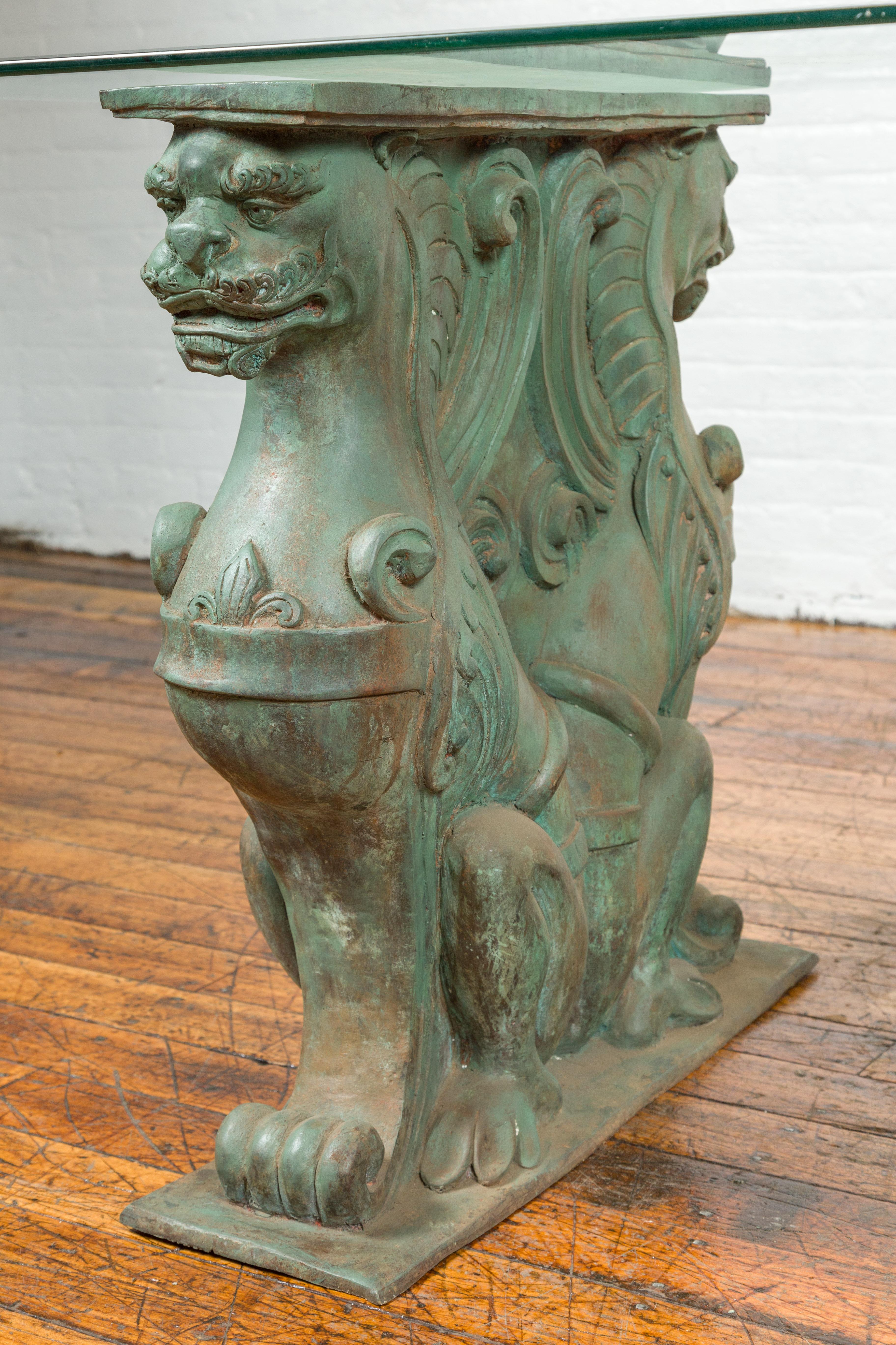 Vintage Bronze Double Mythical Figures Table Base with Verde Patina For Sale 2