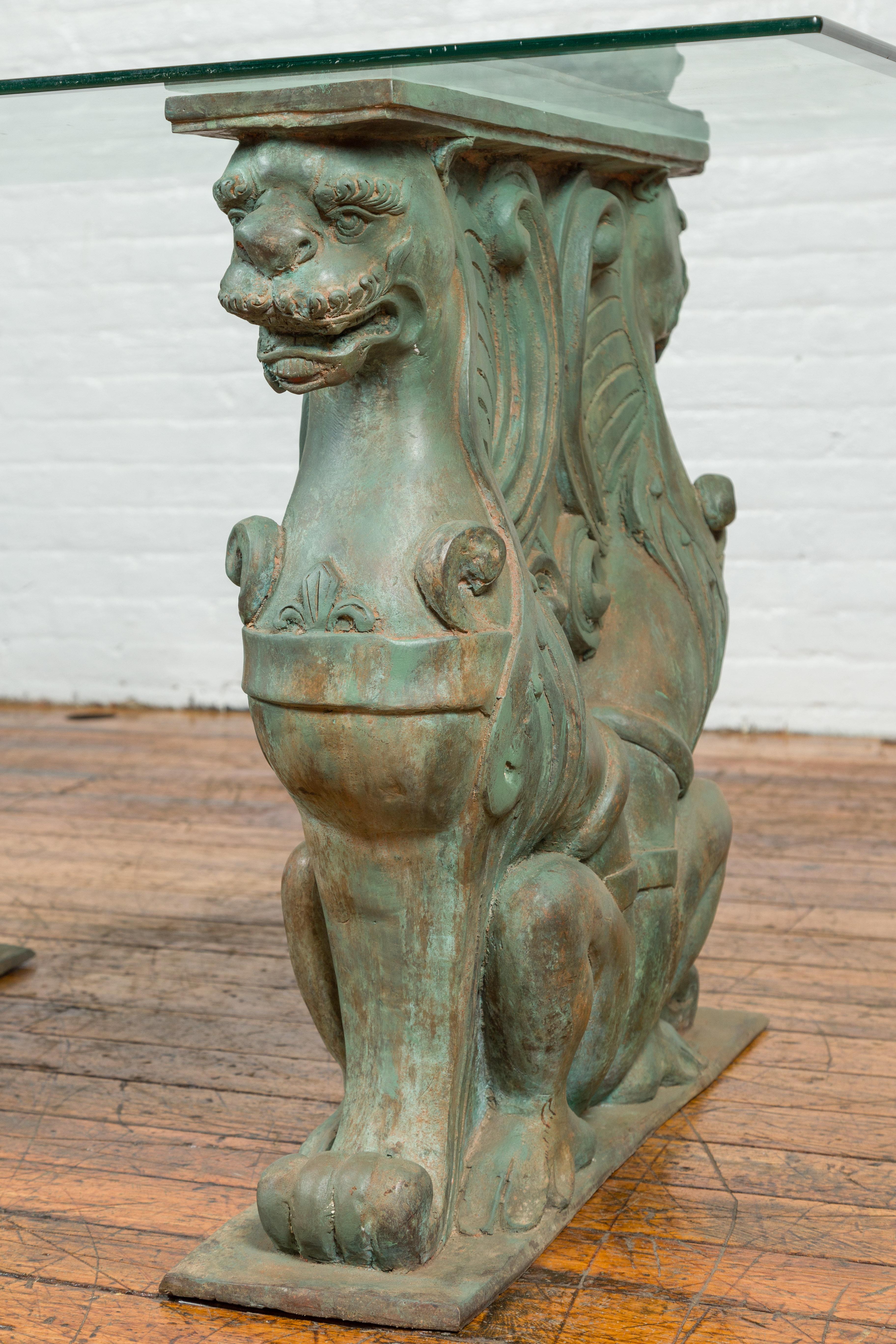 Vintage Bronze Double Mythical Figures Table Base with Verde Patina For Sale 3