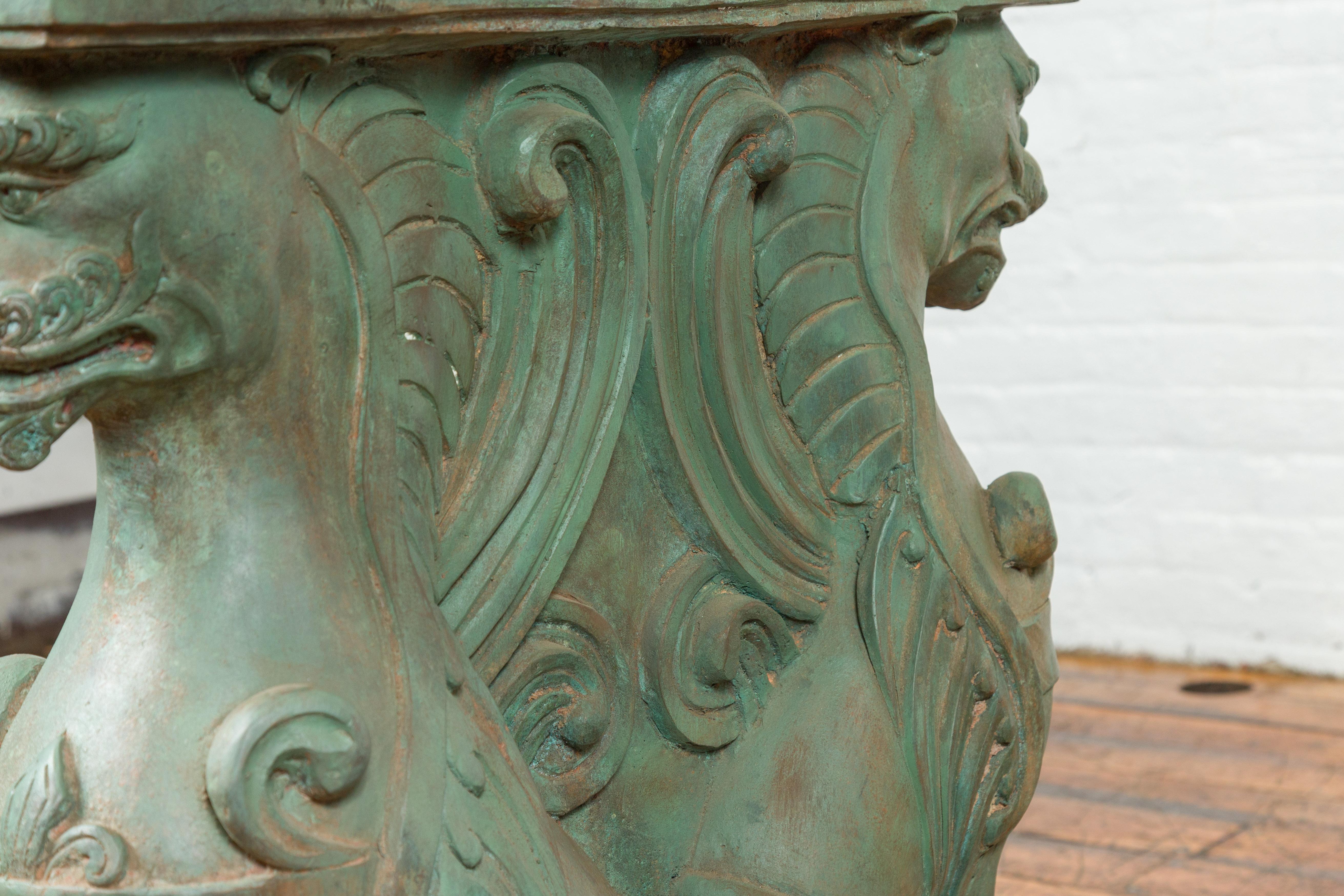 Vintage Bronze Double Mythical Figures Table Base with Verde Patina For Sale 4