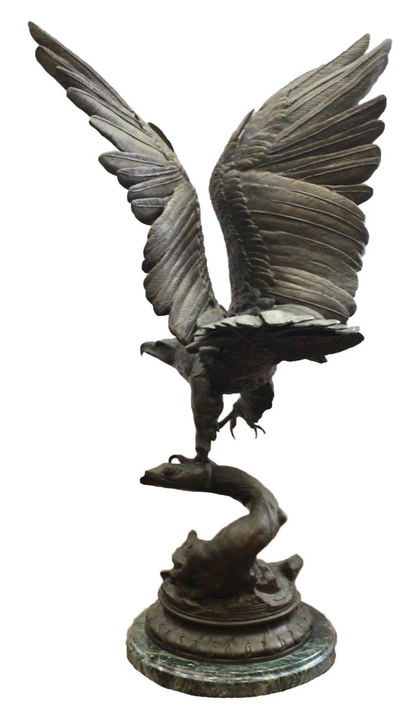 Presented is a 20th century bronze sculpture, after Jules Moigniez, of an eagle having just landed on a perch. The dignified eagle has its wings stretched upwards and one claw raised, showcasing exquisite craftsmanship. Textured feathers, rugged