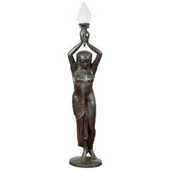 Vintage Bronze Egyptian Female Pharaoh Statue with Nemes and Glass Torch