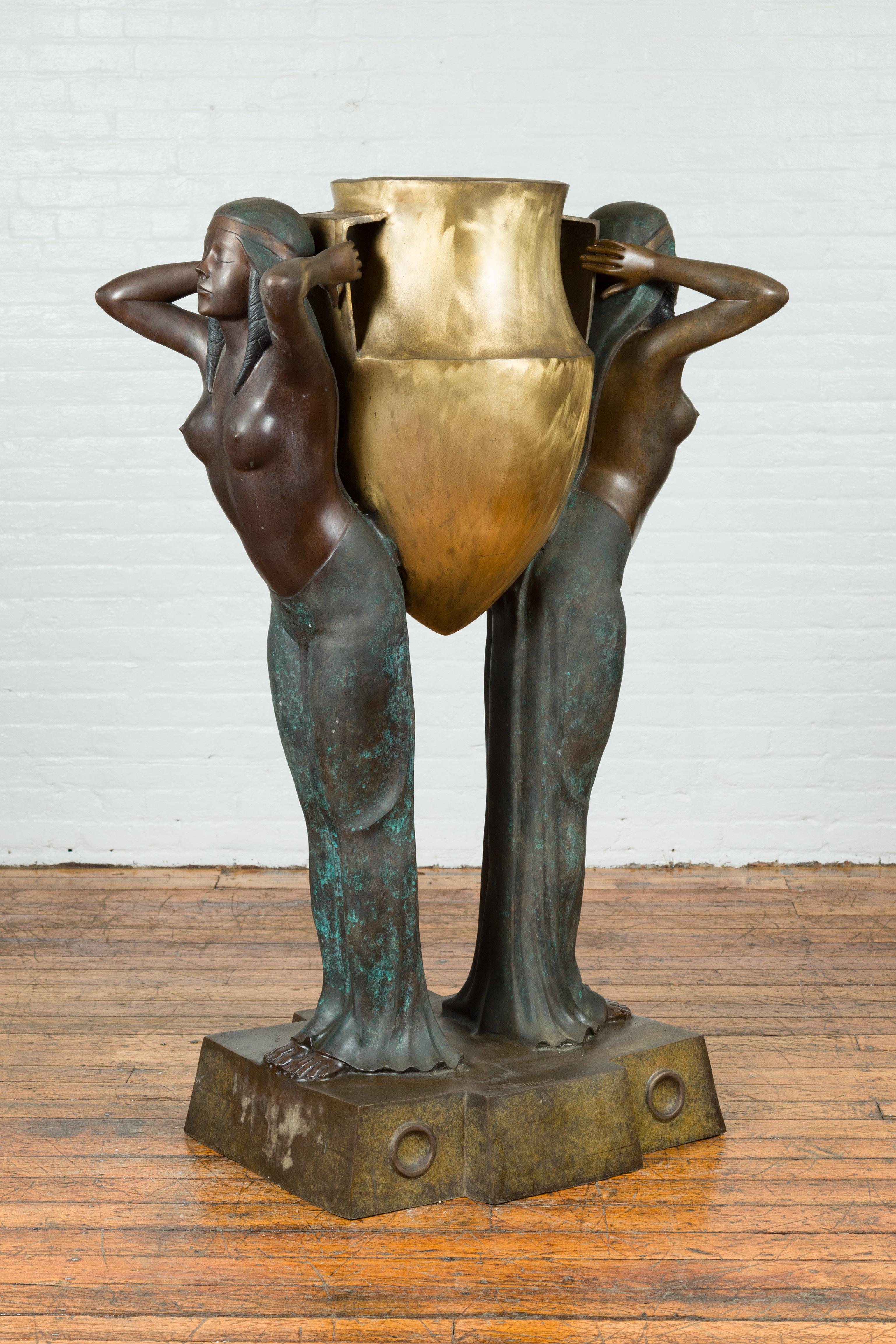Bronze Egyptian Style Planter Depicting Two Maiden Carrying a Large Golden Urn For Sale 3