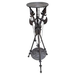 Vintage Bronze English Gothic Knight Ax & Shield Footed Pedestal Stand
