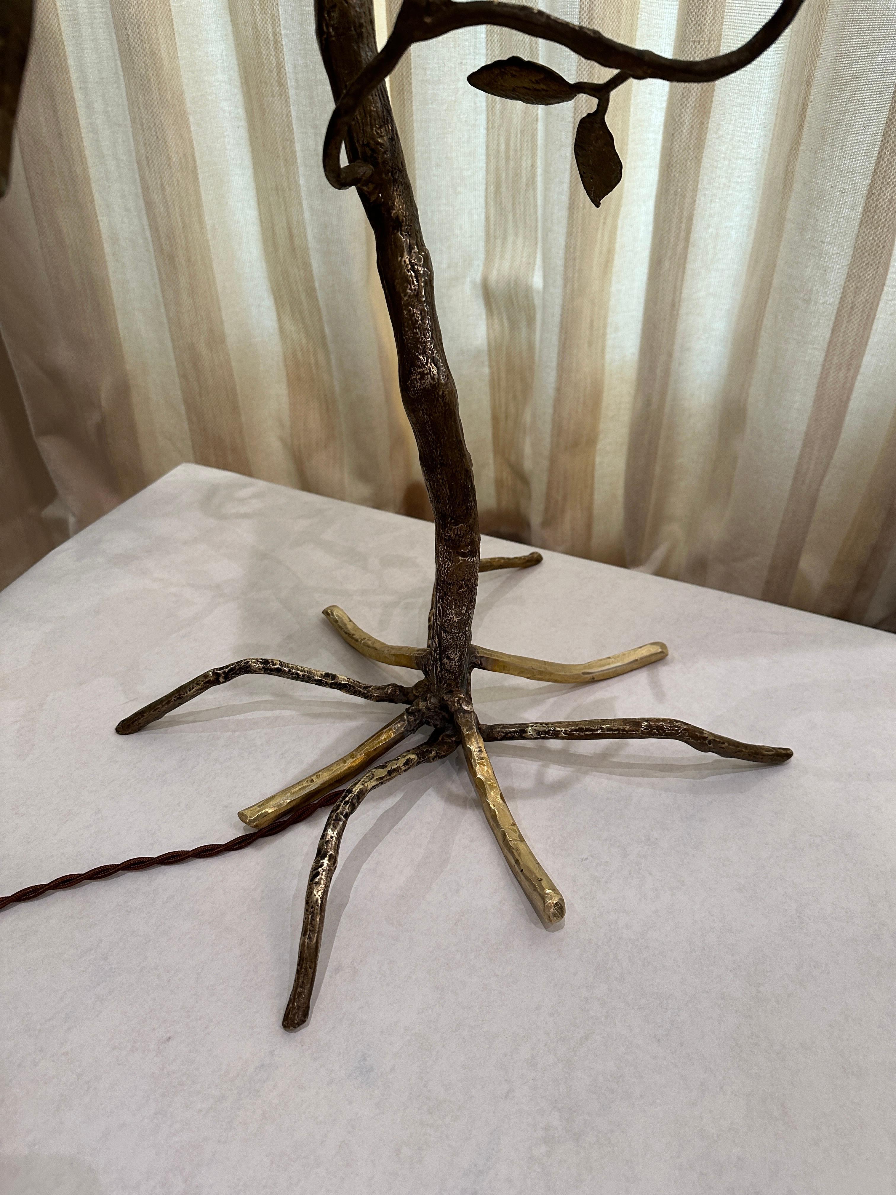 Similar to the works of Lalanne or Giacometti, this wonderfully crafted bronze tree with various leaves and parrots on branches adorning it has been rewired and does not come with shade shown (photo purposes only). So much detail and whimsy!  THIS