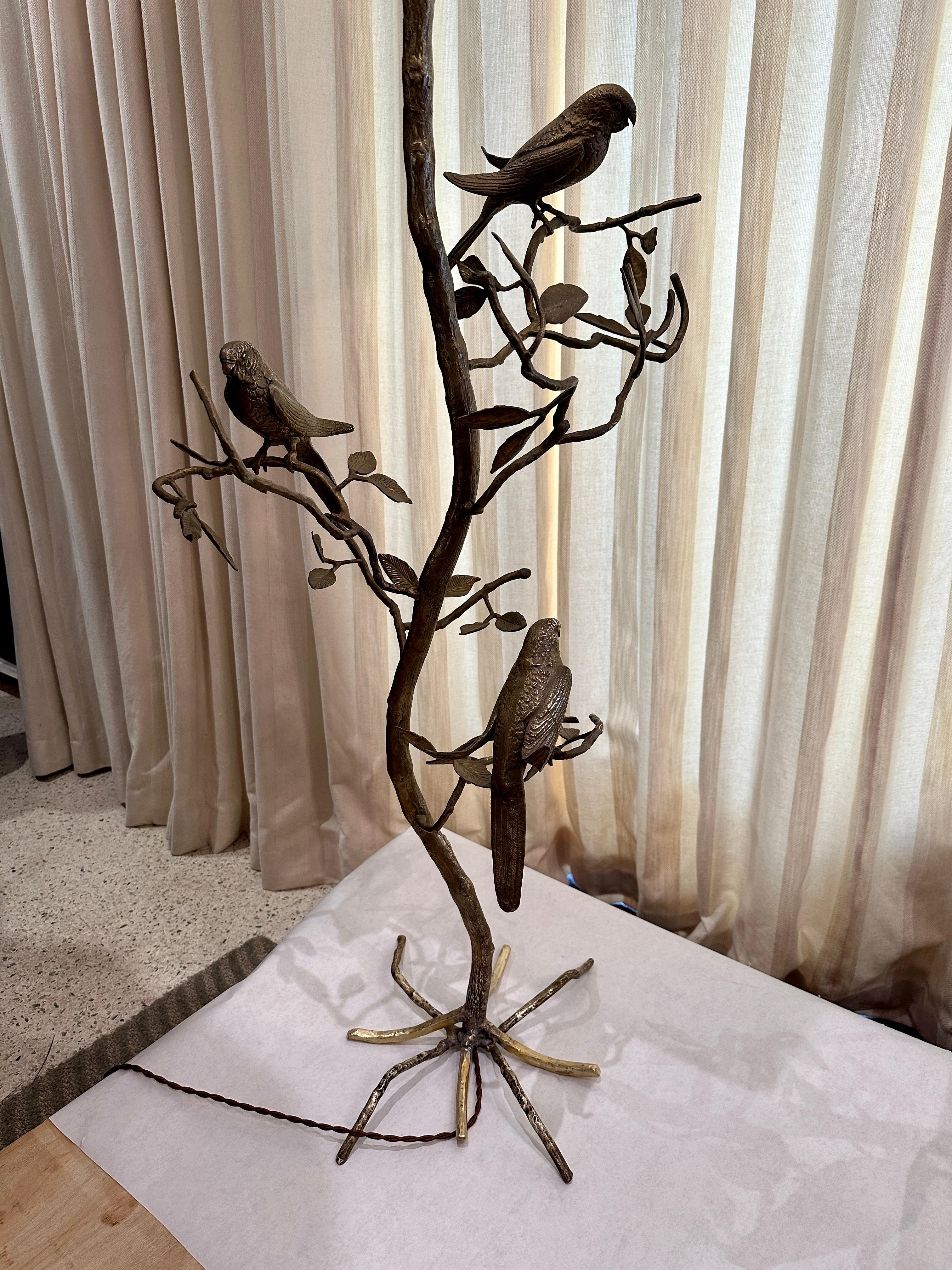 Mid-Century Modern Vintage Bronze Floor Lamp with Parrots on Tree For Sale