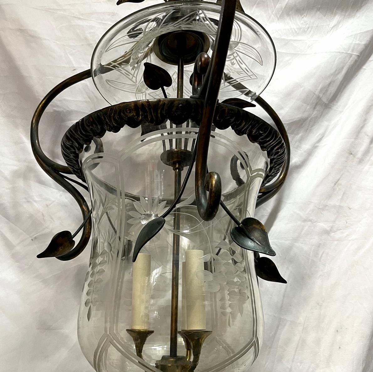 Farol Vintage Bronce Follaje con Inserción de Cristal Grabado en venta