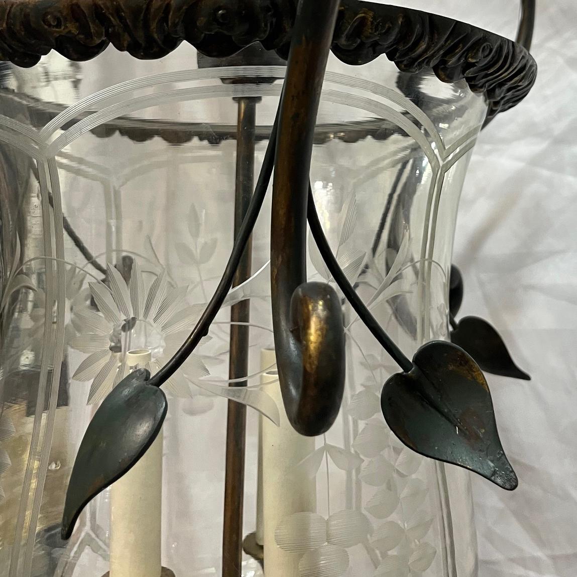 Farol Vintage Bronce Follaje con Inserción de Cristal principios del siglo XX en venta