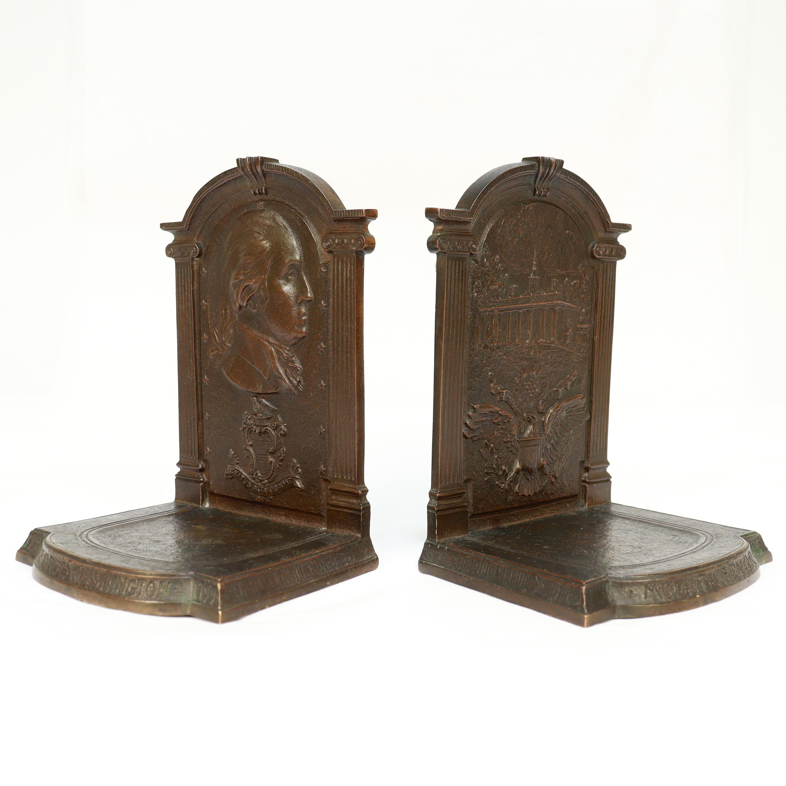 Mid-Century Modern Vintage Bronze George Washington & Mount Vernon Bookends by F.R. Woodward For Sale