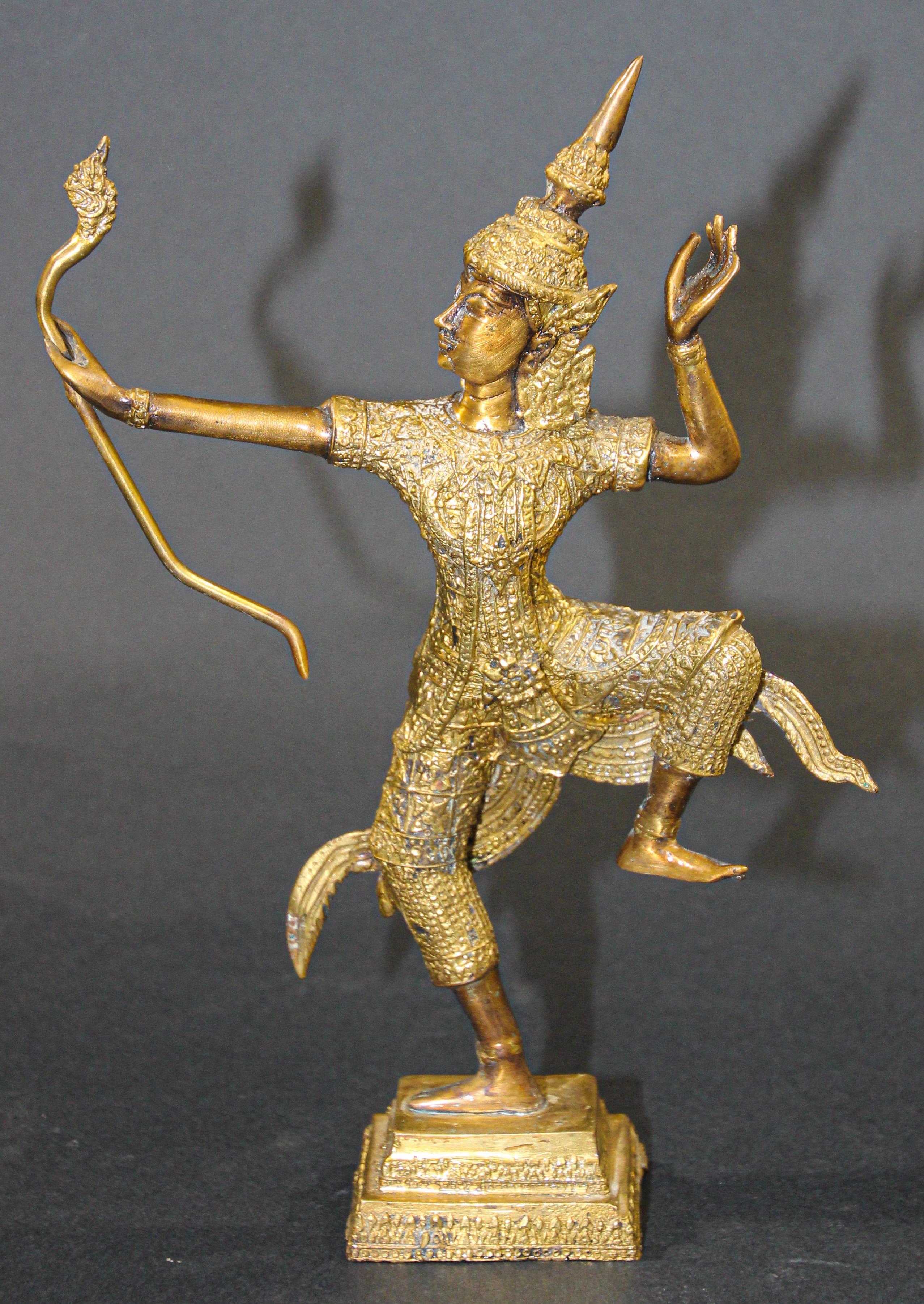 Vintage Bronze Gilt Thai Figurine of Prince Rama with a Bow In Good Condition In North Hollywood, CA