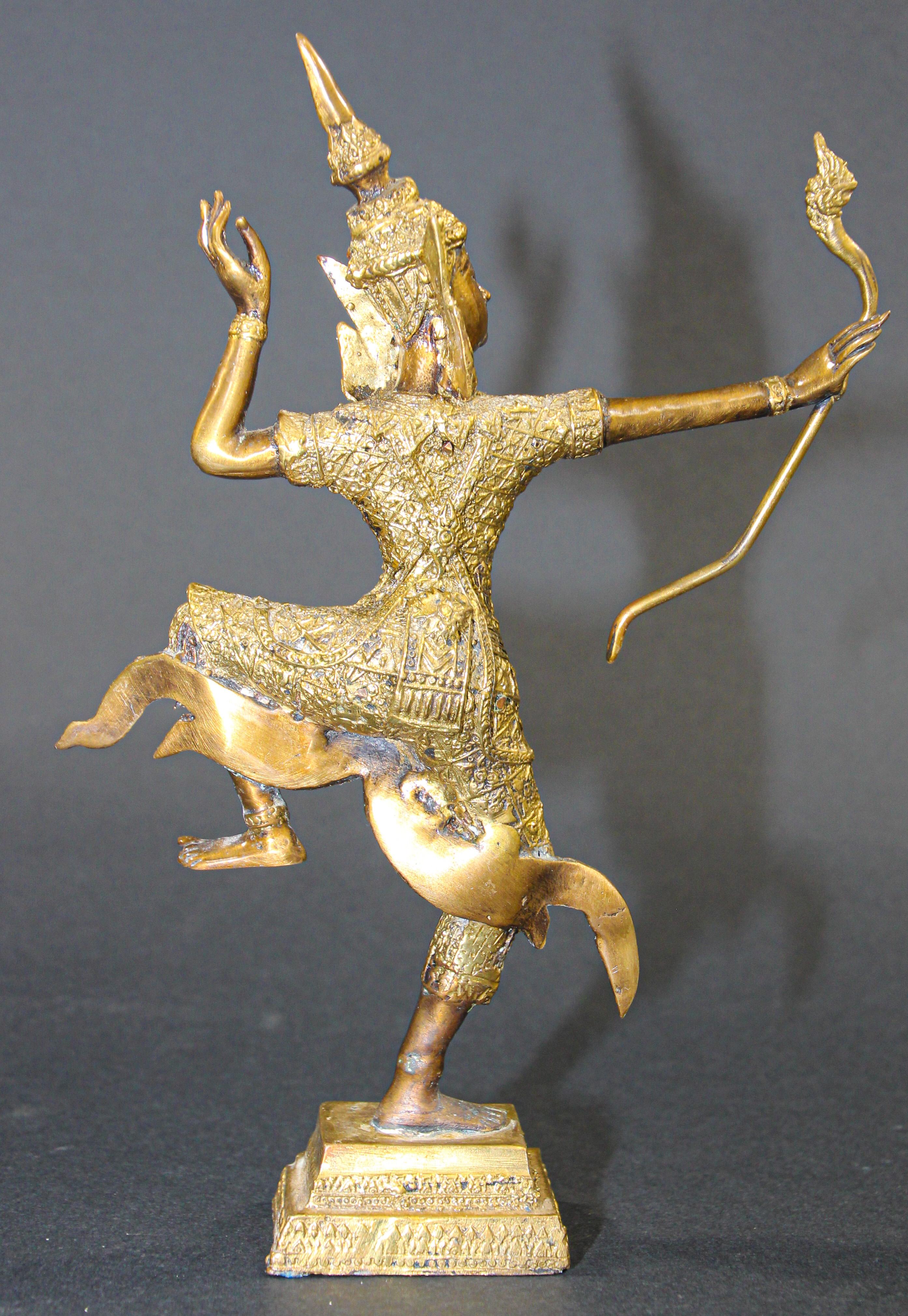 Vintage Bronze Gilt Thai Figurine of Prince Rama with a Bow 2
