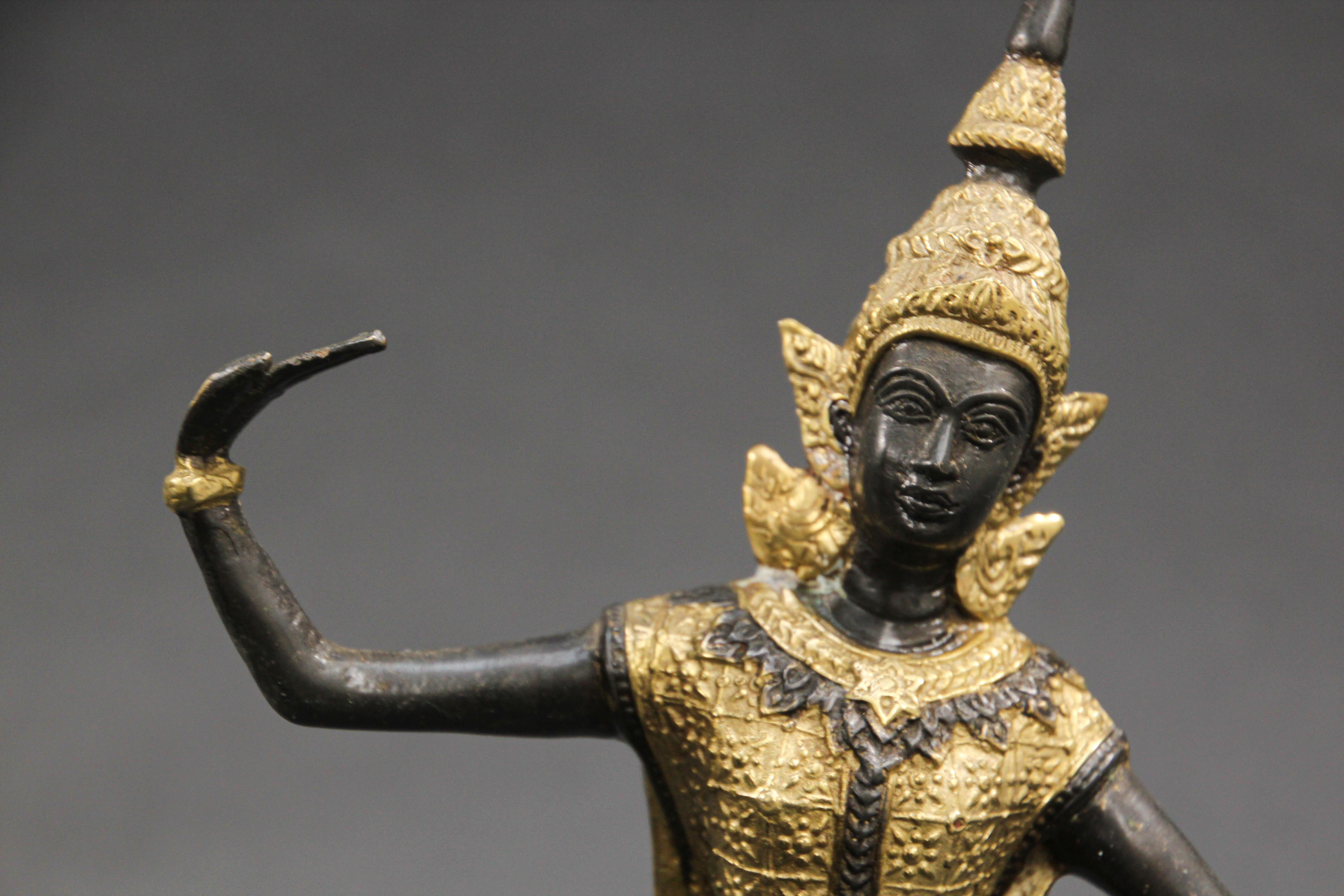 Folk Art Vintage Bronze Gilt Thai Teppanom Temple Guard Dancing Statue Sculpture For Sale
