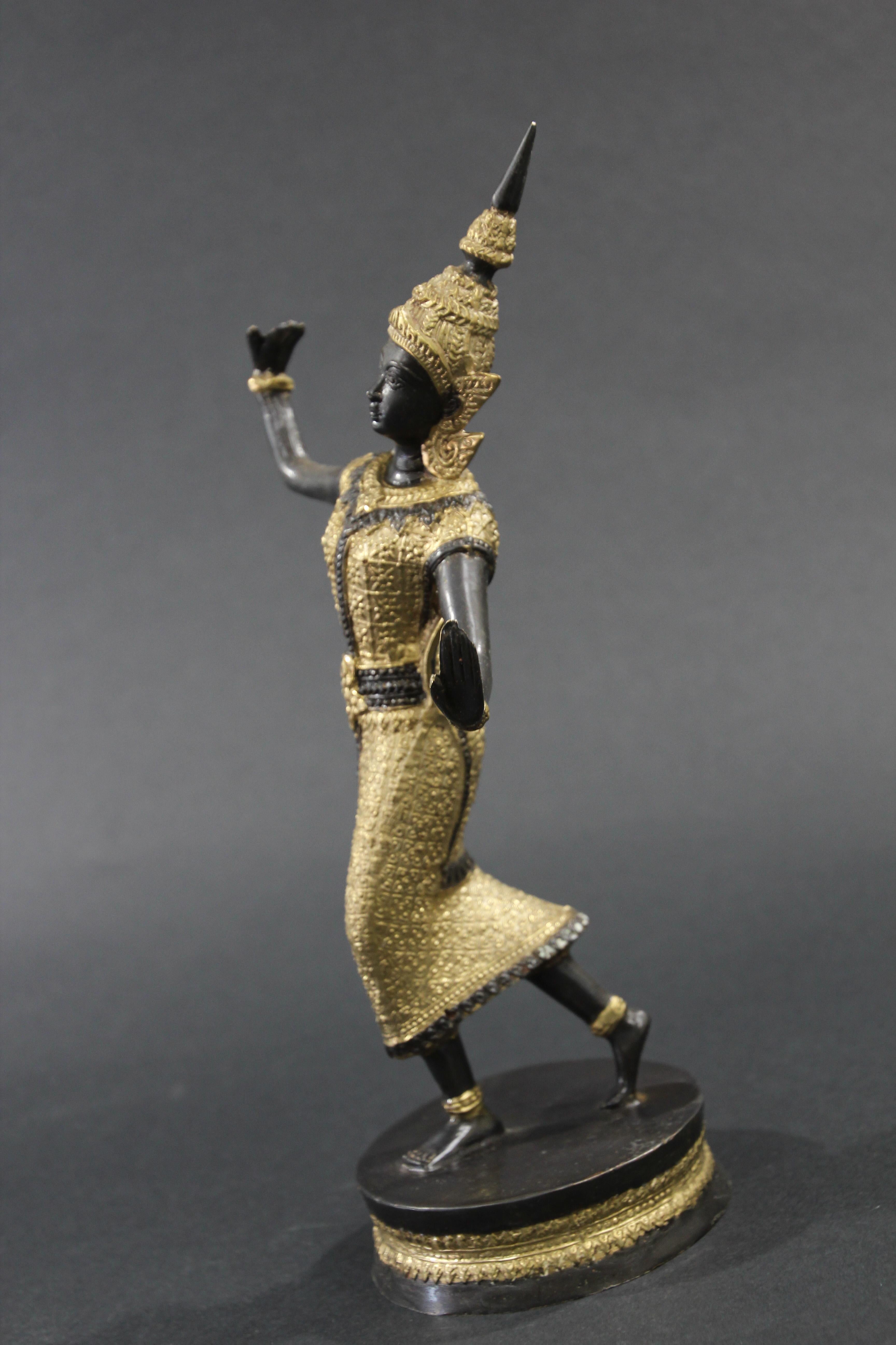 20th Century Vintage Bronze Gilt Thai Teppanom Temple Guard Dancing Statue Sculpture For Sale